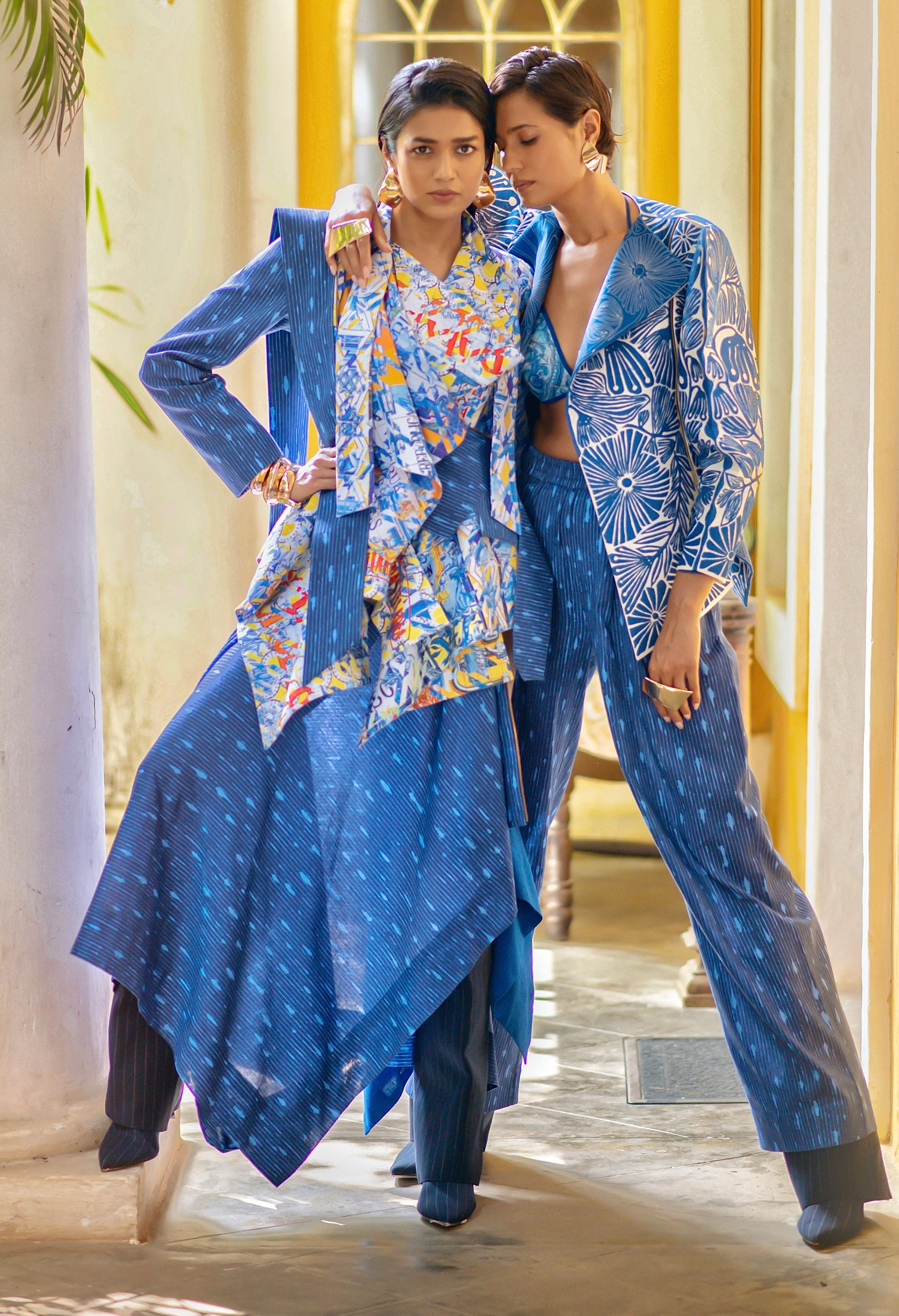 PRINTED DECONSTRUCTED JACKET + DRAPED LINE SKIRT