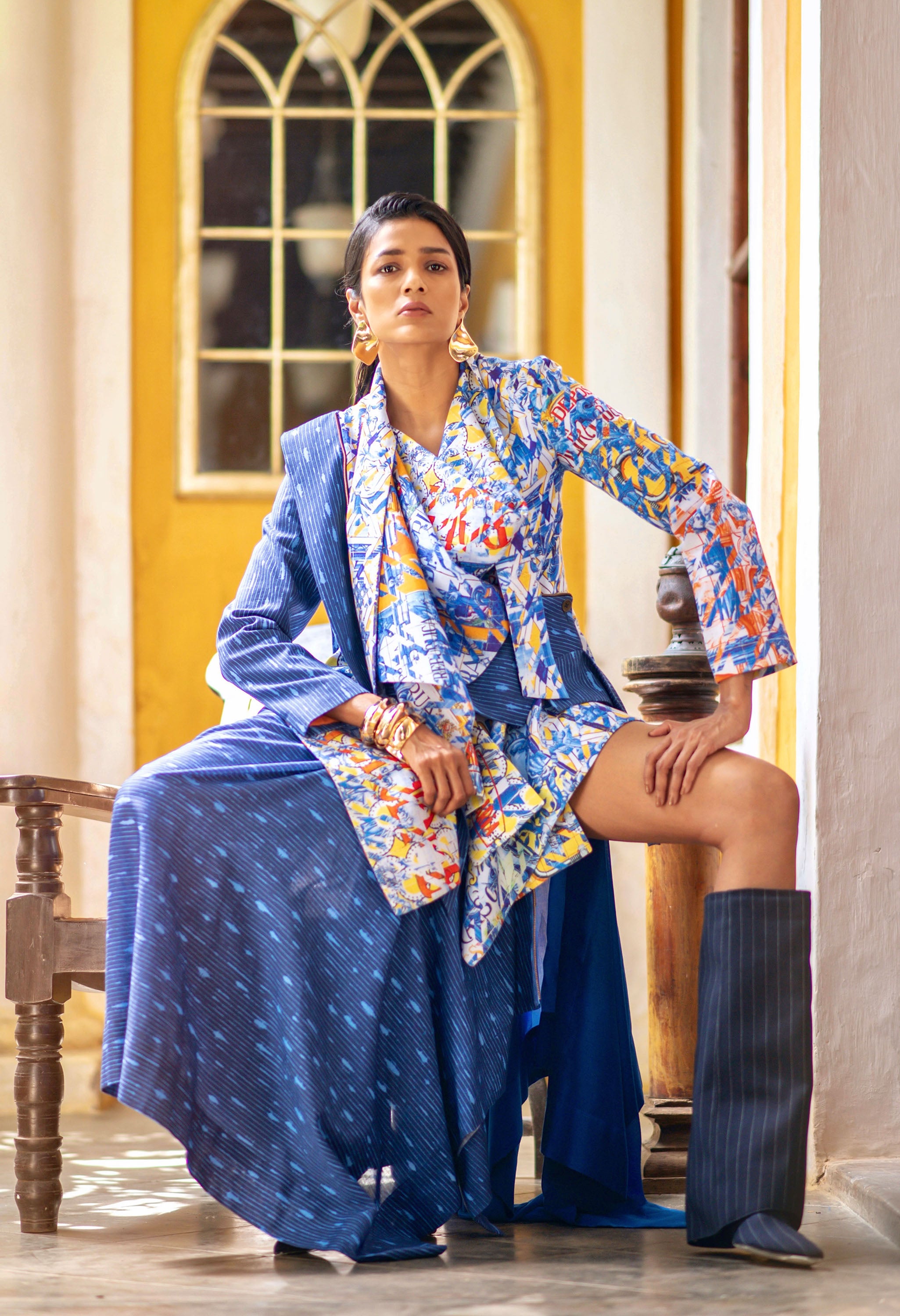 PRINTED DECONSTRUCTED JACKET + DRAPED LINE SKIRT