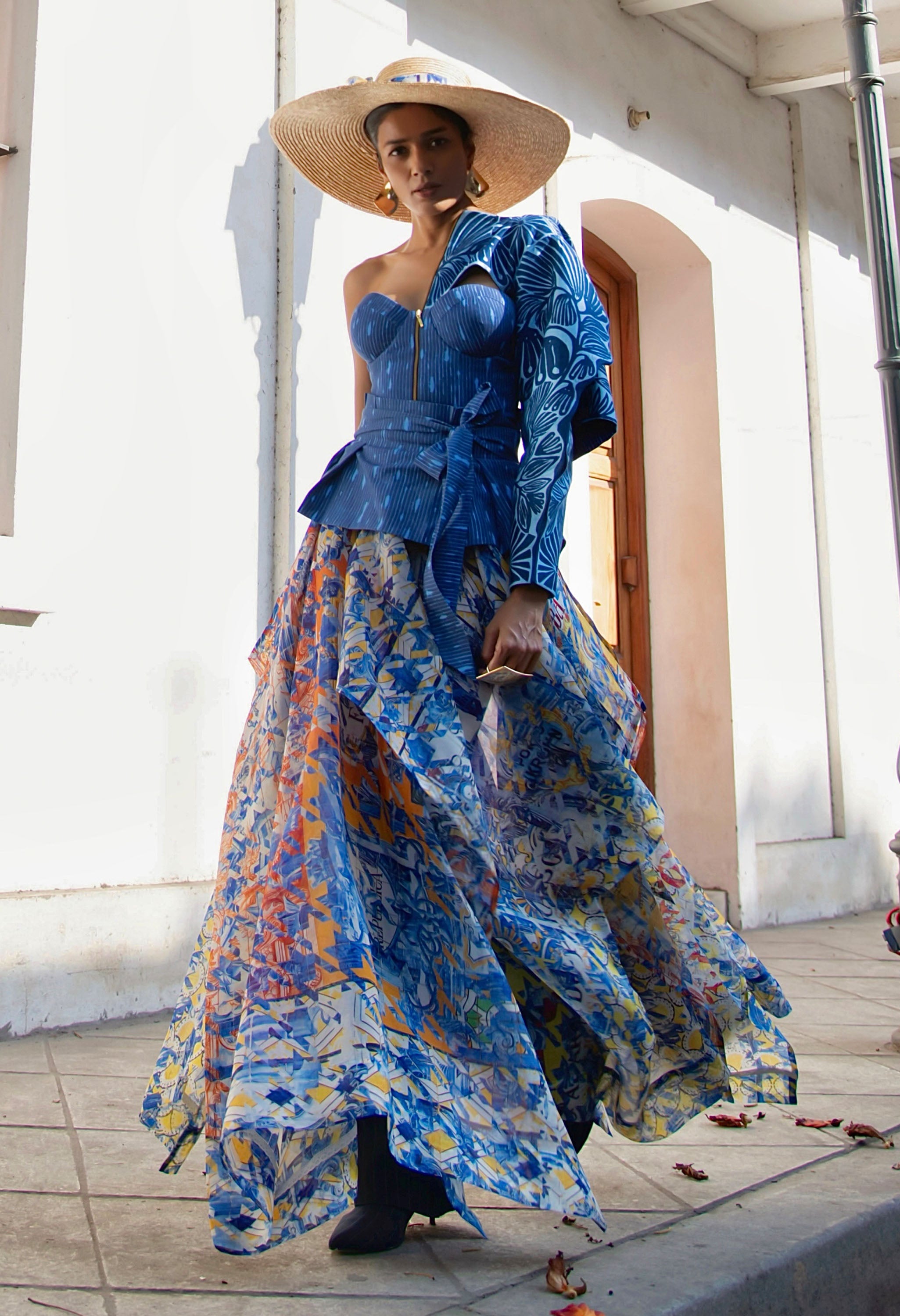 3D FLORAL EMB BUSTIER WITH SILK ORGANZA PRINTED SKIRT + BELT