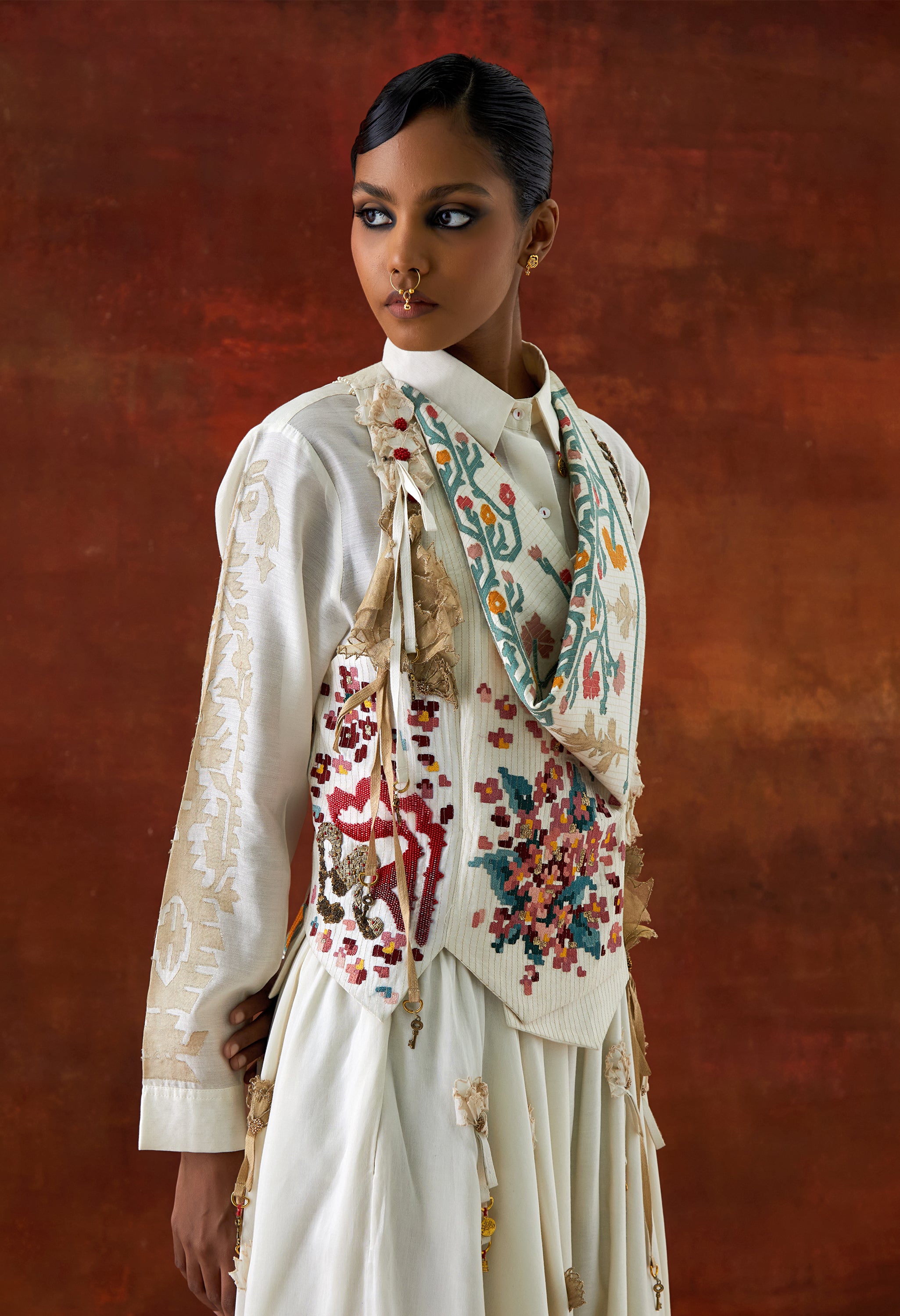 EMB ENGINEERED COWL RACER BACK JACKET + SHIRT WITH EMB BOOTA SLEEVES AND 3D FLOWER SKIRT