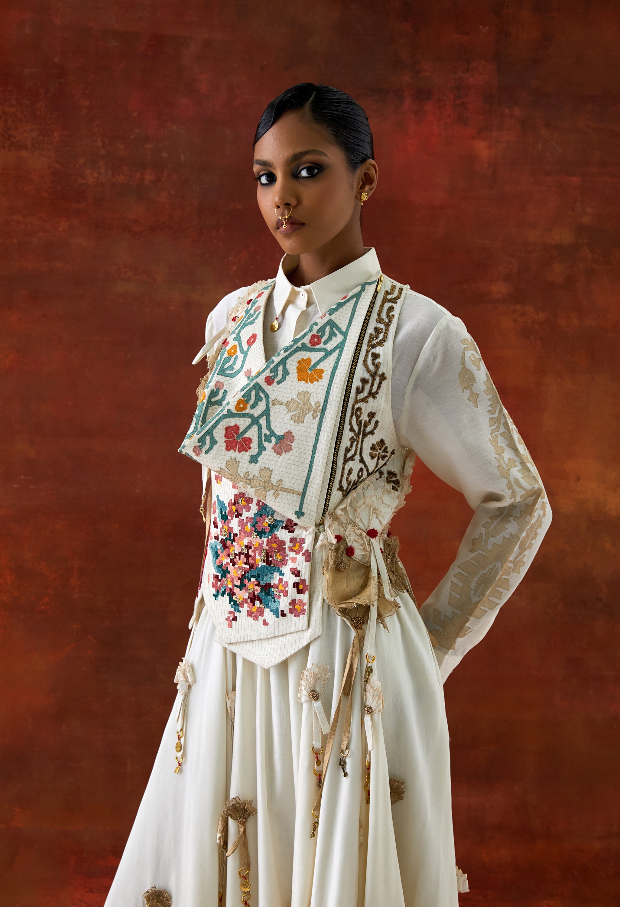 EMB ENGINEERED COWL RACER BACK JACKET + SHIRT WITH EMB BOOTA SLEEVES AND 3D FLOWER SKIRT