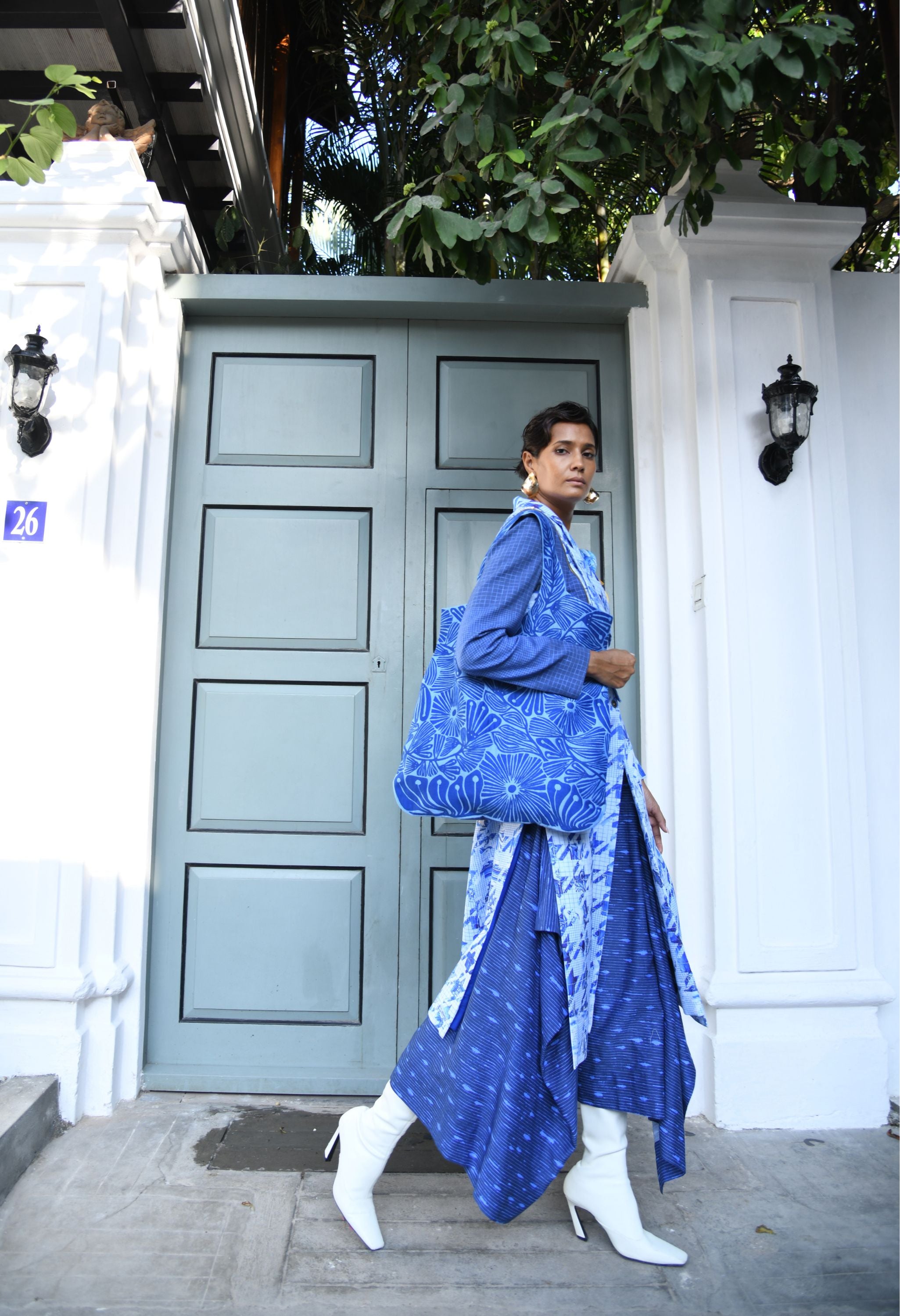 PRINTED LONG JACKET WITH ATTACHED TOTE + SKIRT