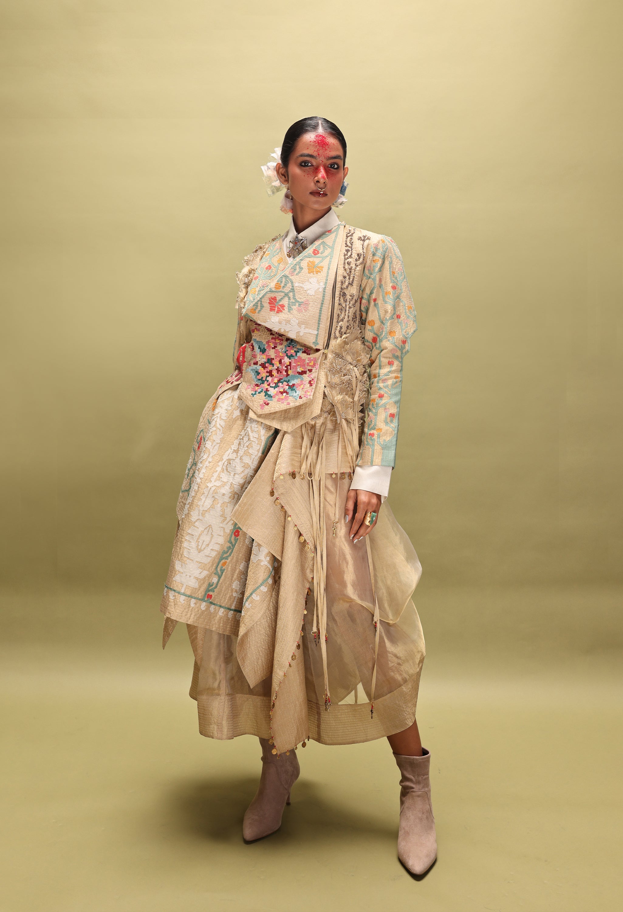 EMB ENGINEERED DRAPED JACKET WITH 3D SLEEVES + LAYERED SKIRT + SHIRT