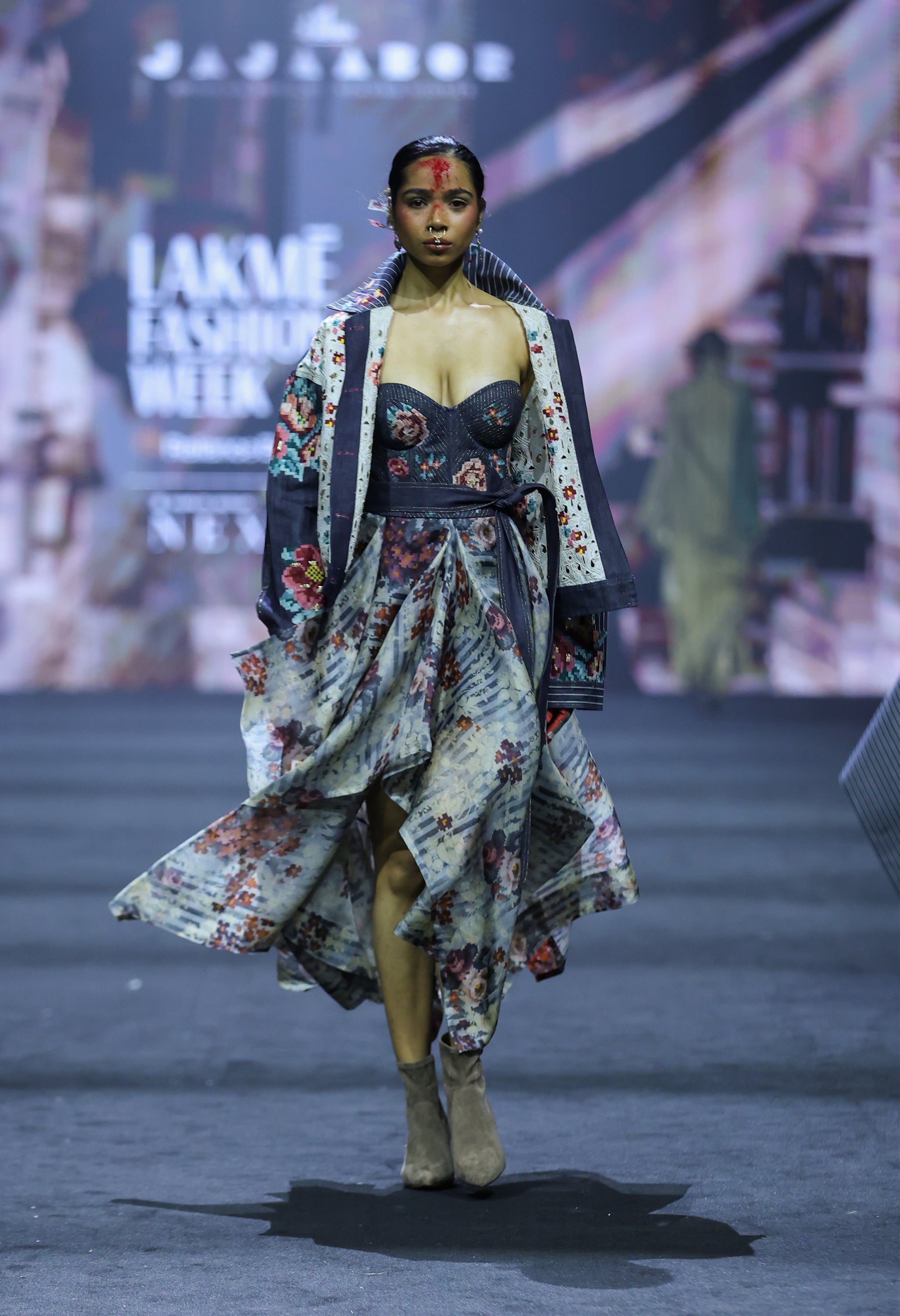 EMB DUAL COLOR DENIM JACKET WITH CORSET DRESS