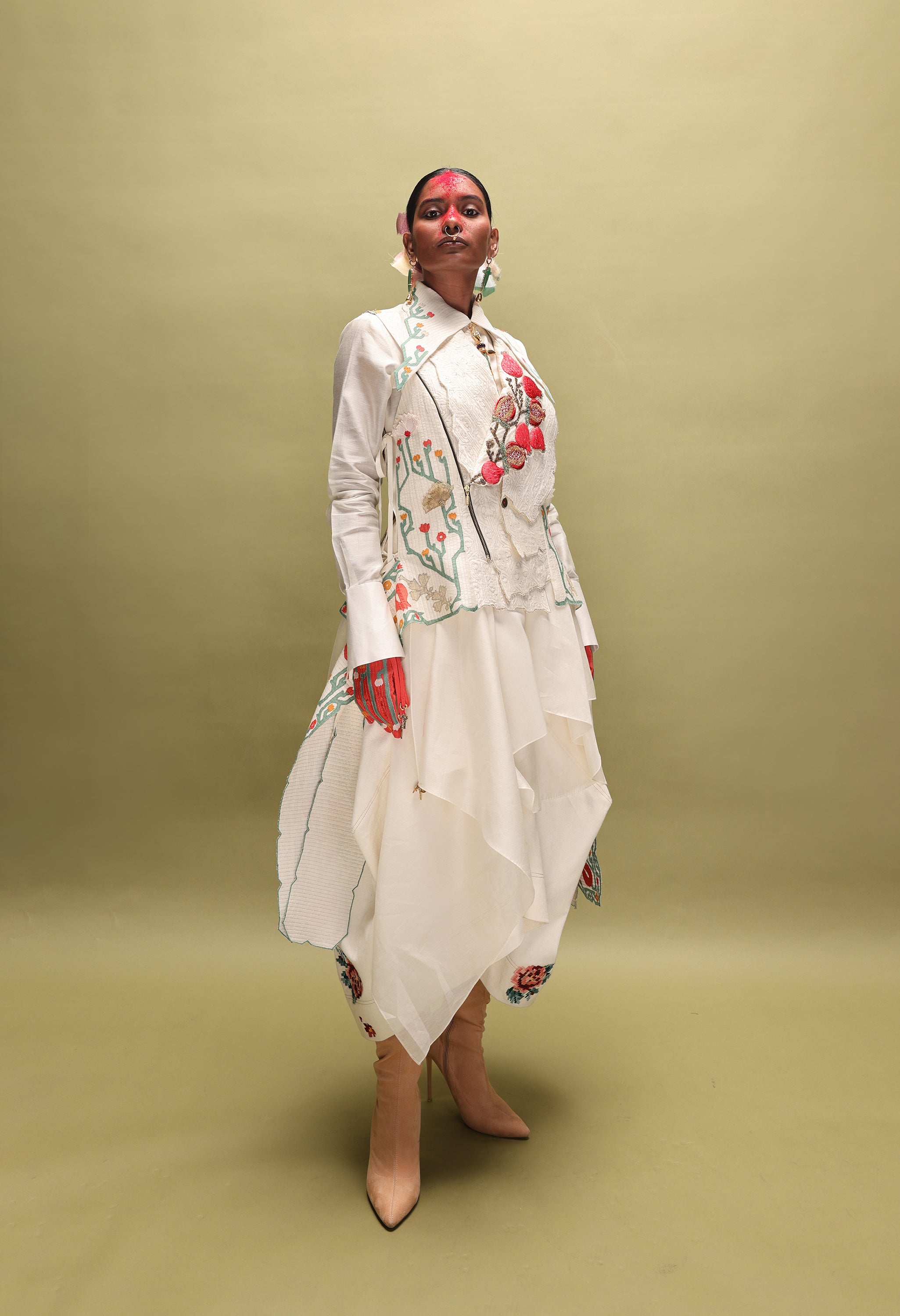 POMOGRANATE EMB DOUBLE LAPEL JACKET LONG DRAPED SHIRT WITH COLLAR + DENIM BARREL SKIRT