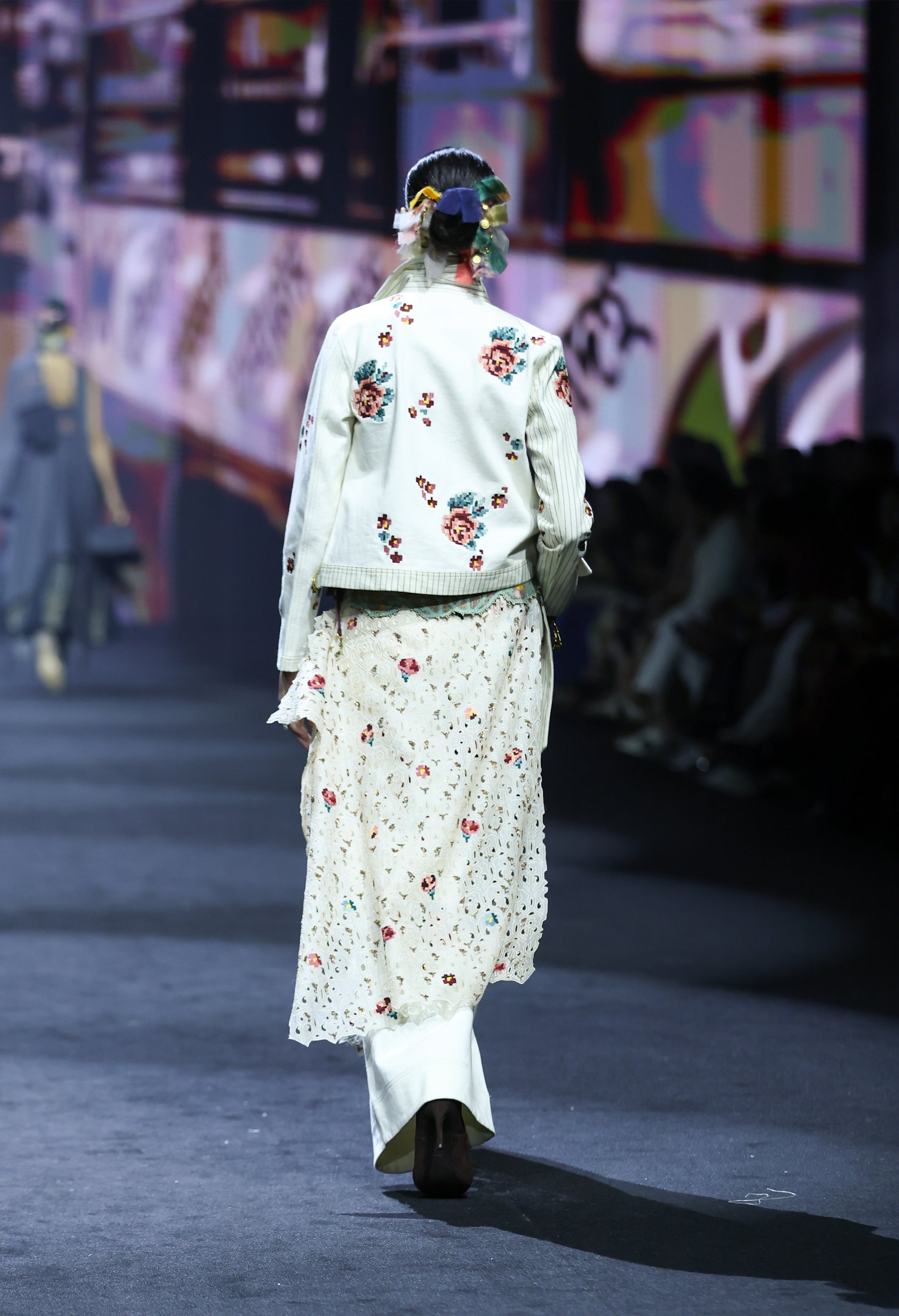 STRIPED DENIM EMB BIKER JACKET + 3D FLOWER RACER BACK JACKET AND EMB DENIM PANTS WITH AN EMB WRAP
