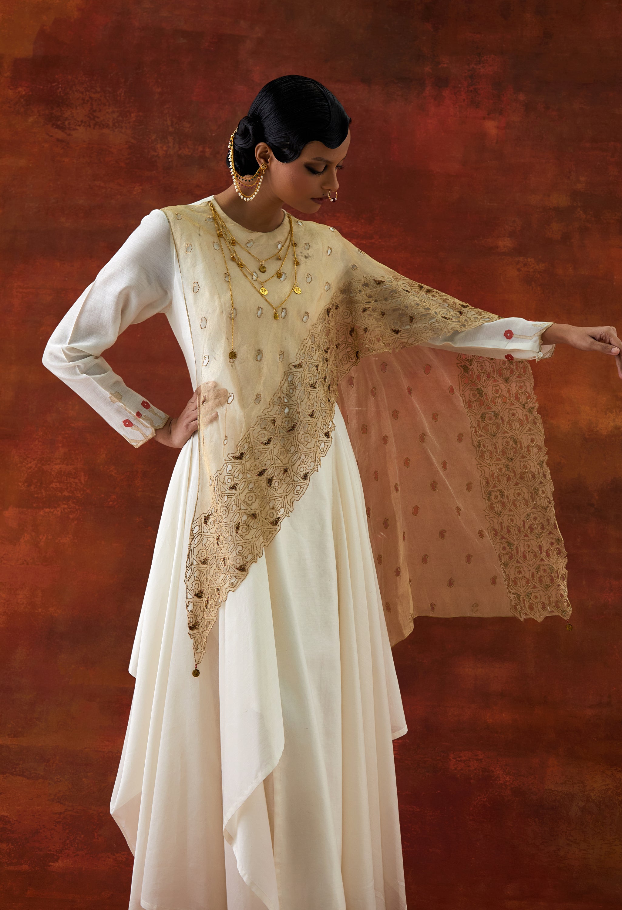 EMB GOLD TISSUE ATTACHED DRAPED KURTA WITH PANTS