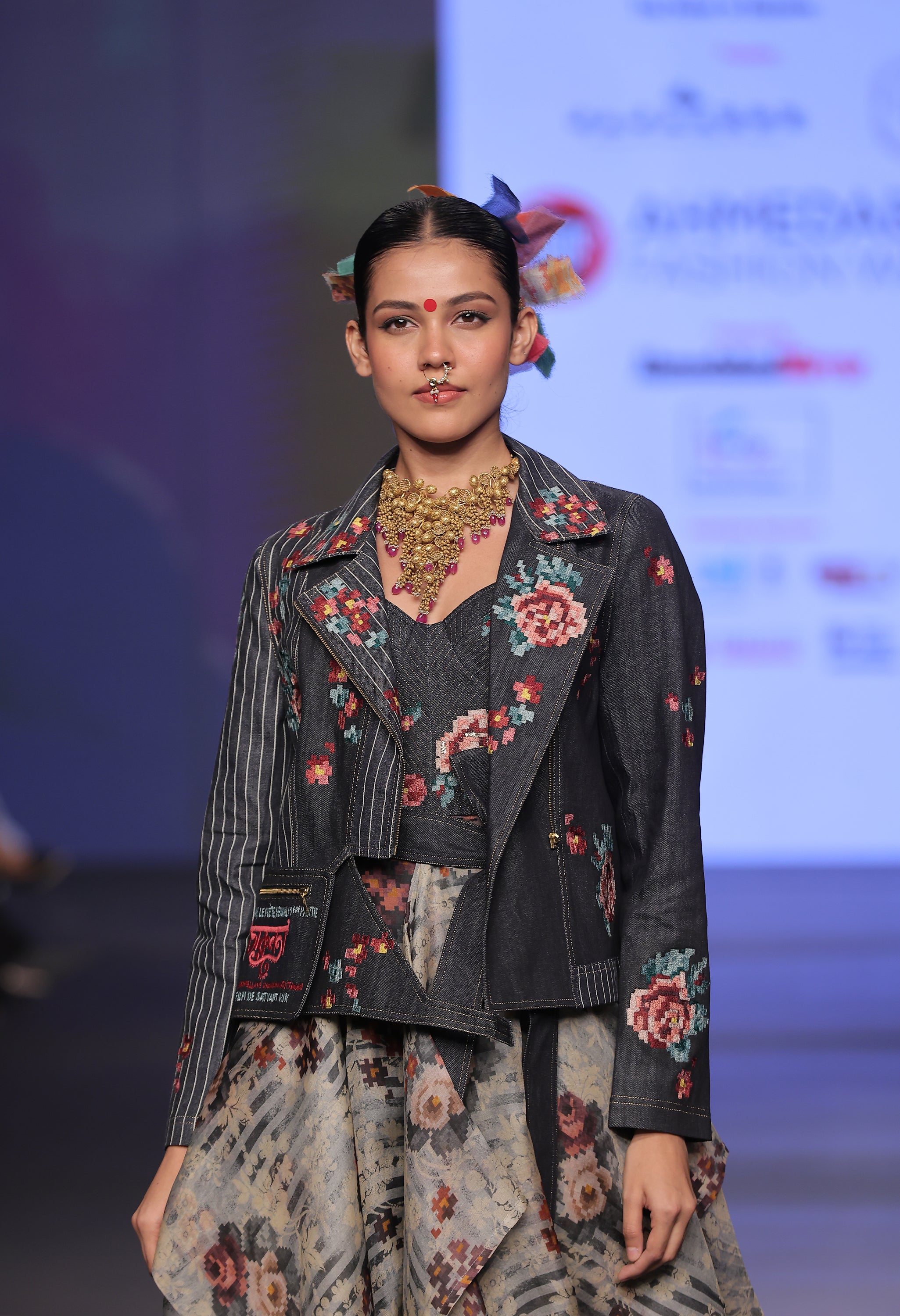 EMB DUAL COLOR DENIM JACKET WITH CORSET DRESS