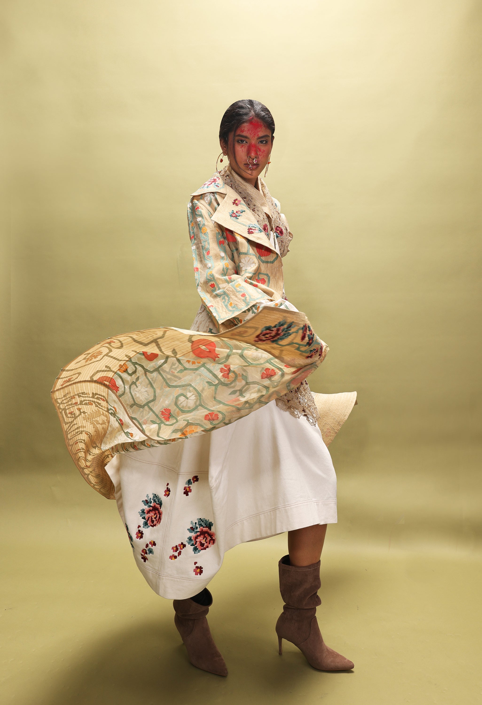 EMB LONG GOLD JACKET WITH DRAPED GOLD TOP + EMB CORSET BELT AND DENIM BARREL SKIRT