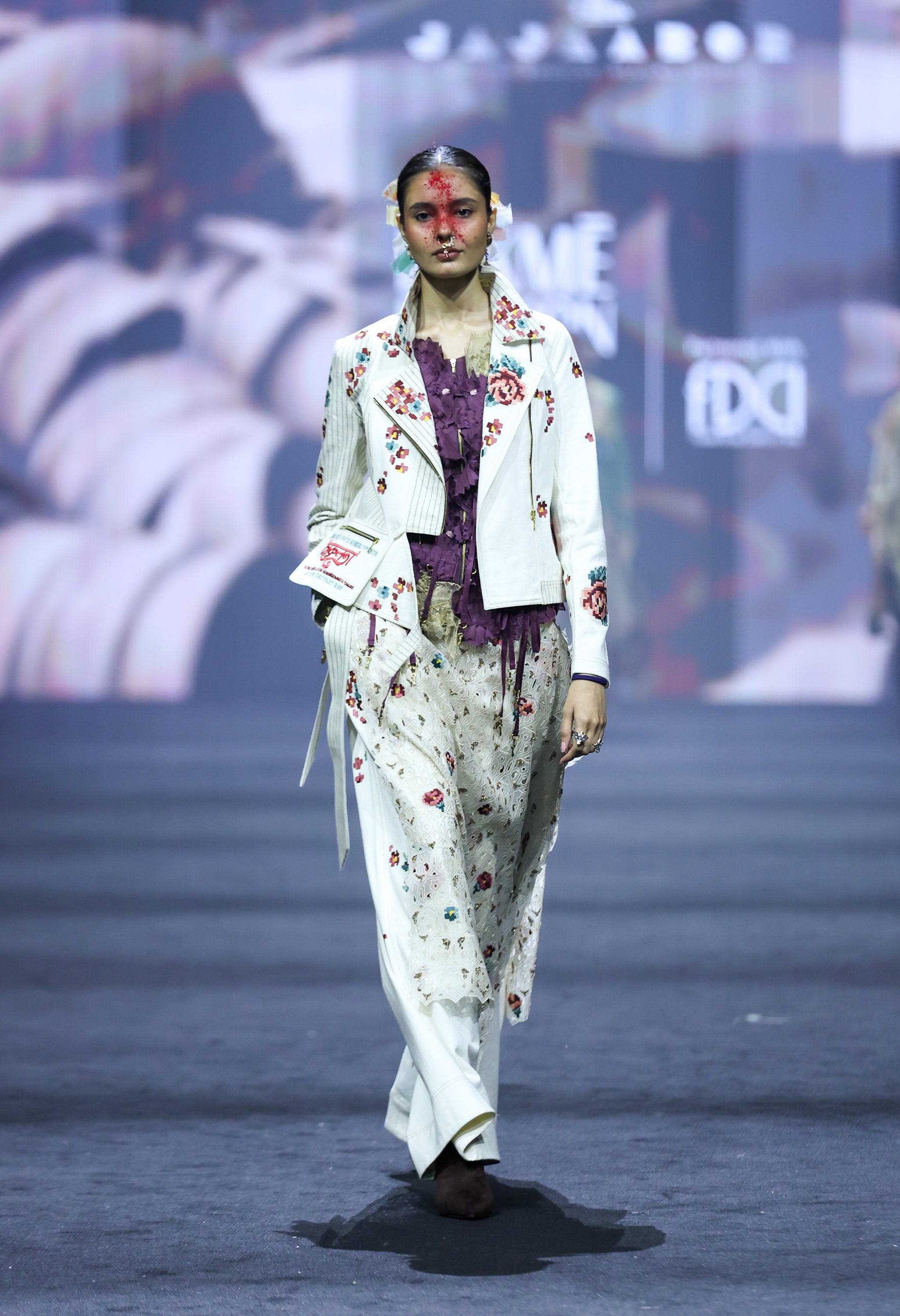 STRIPED DENIM EMB BIKER JACKET + 3D FLOWER RACER BACK JACKET AND EMB DENIM PANTS WITH AN EMB WRAP