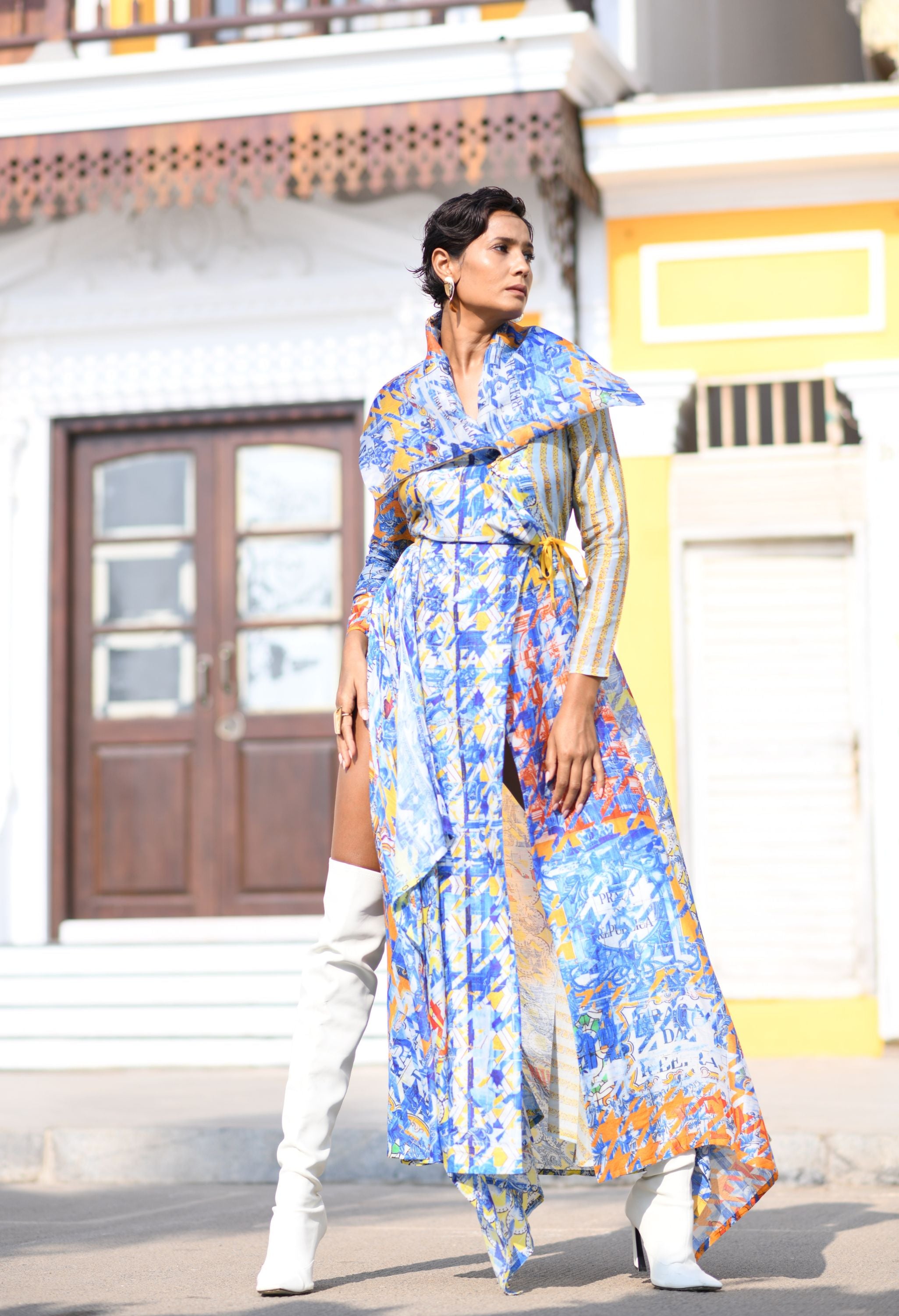 PRINTED DRAPED COLLAR ANGRAKHA WITH PRINTED PANTS