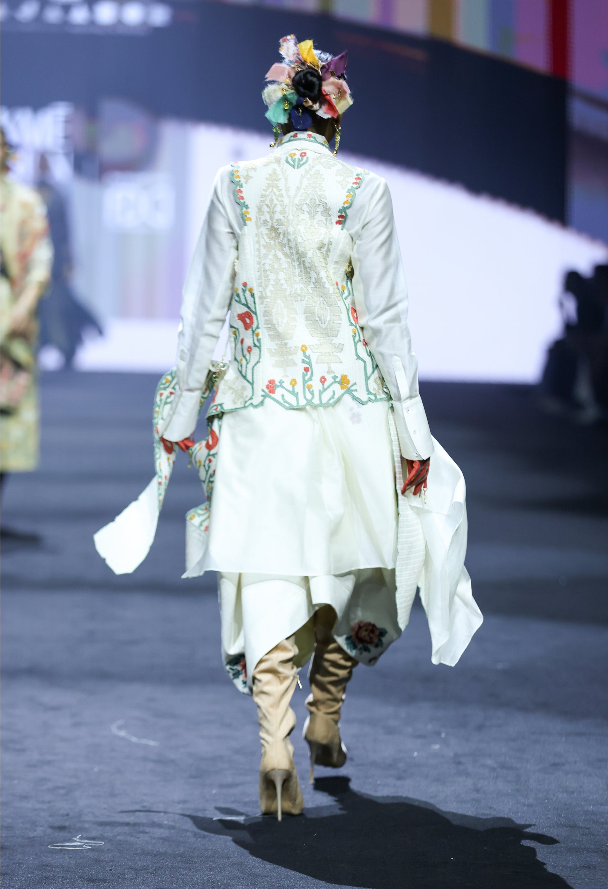 POMOGRANATE EMB DOUBLE LAPEL JACKET LONG DRAPED SHIRT WITH COLLAR + DENIM BARREL SKIRT