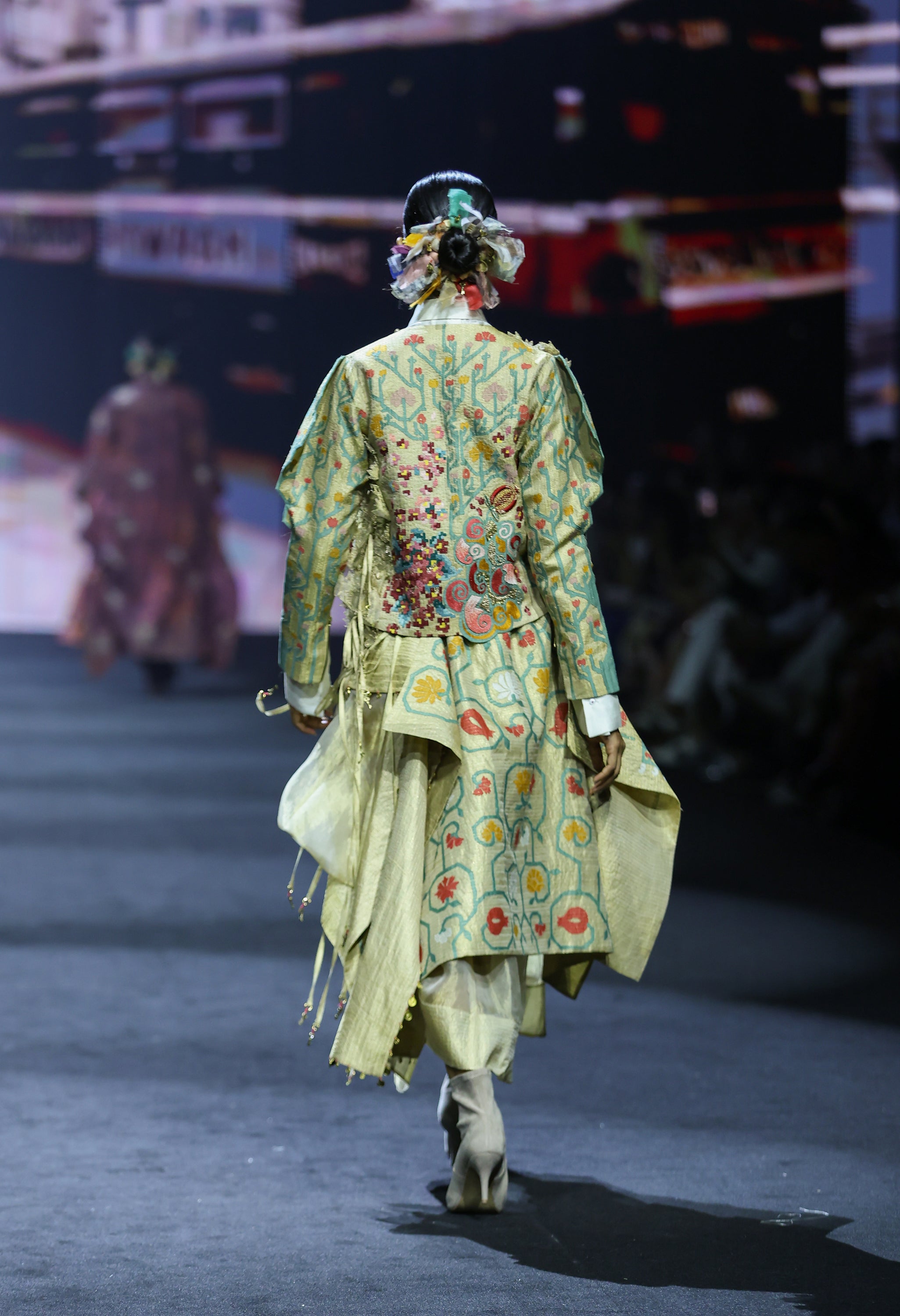 EMB ENGINEERED DRAPED JACKET WITH 3D SLEEVES + LAYERED SKIRT + SHIRT