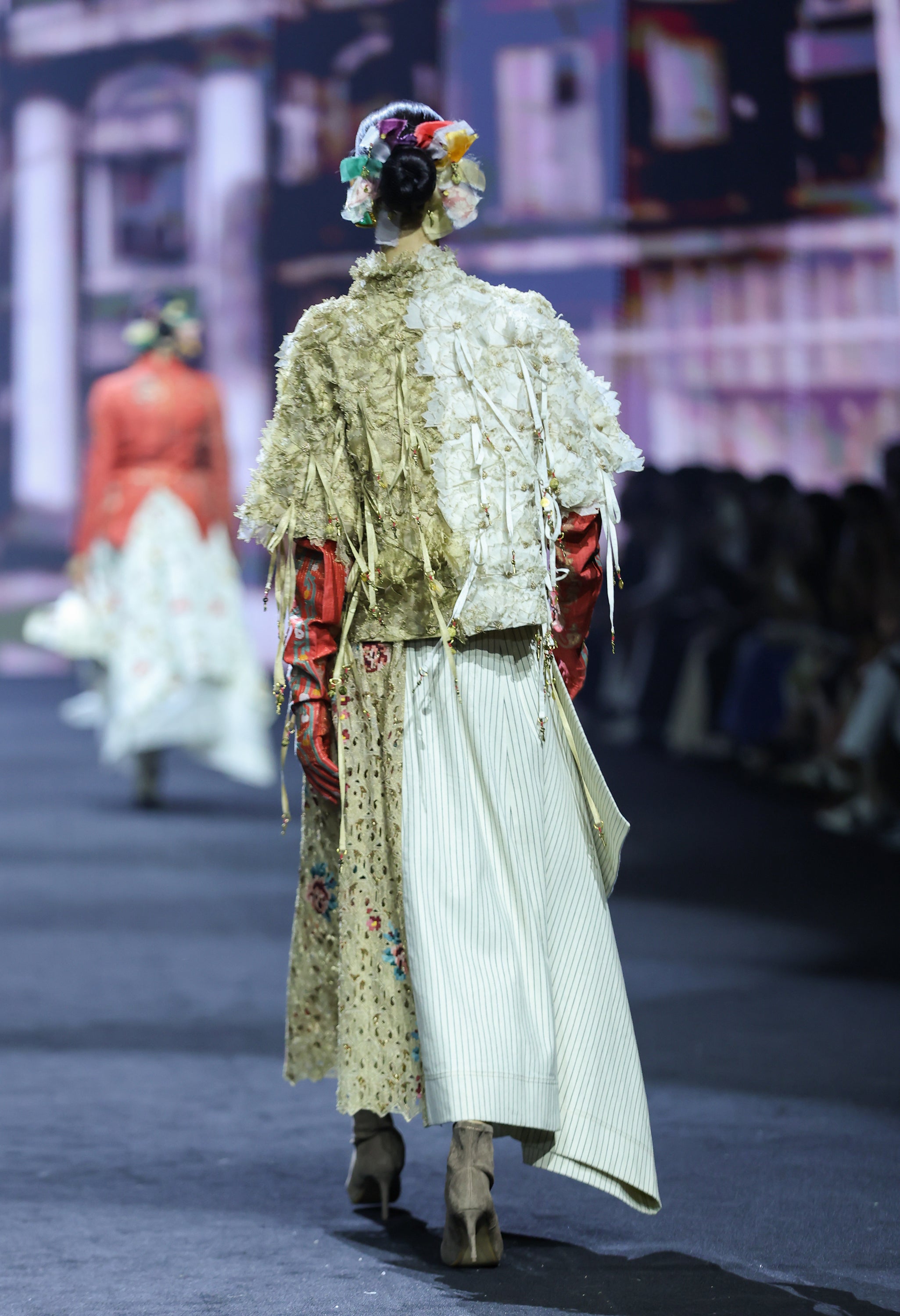 3D FLORAL DUAL COLOR JACKET WITH STRIPED DENIM AND EMB GOLD PANELLED SKIRT