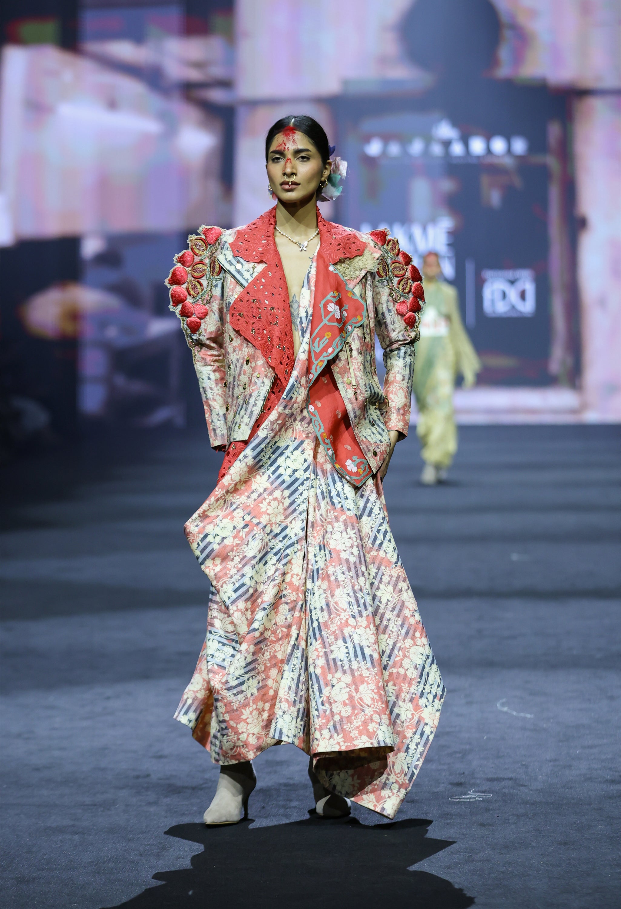 EMB ORGANZA SHORT TRENCH + 3D POMEGRANTE EMB QUILTED JACKET WITH PRINTED DENIM DRAPED SKIRT