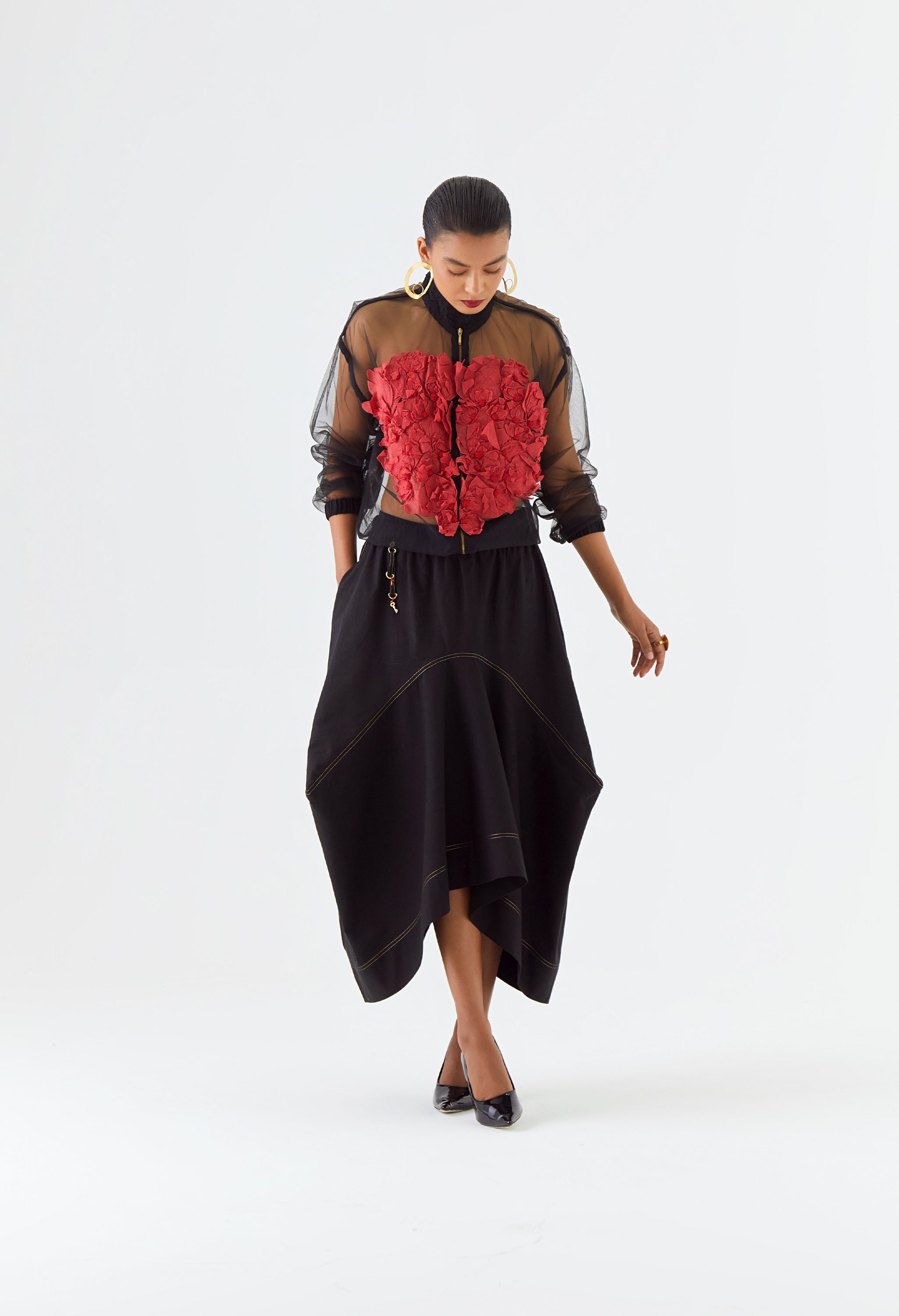 NET BOMBER JACKET + PLEATED SKIRT ATTACHED WITH PANTS