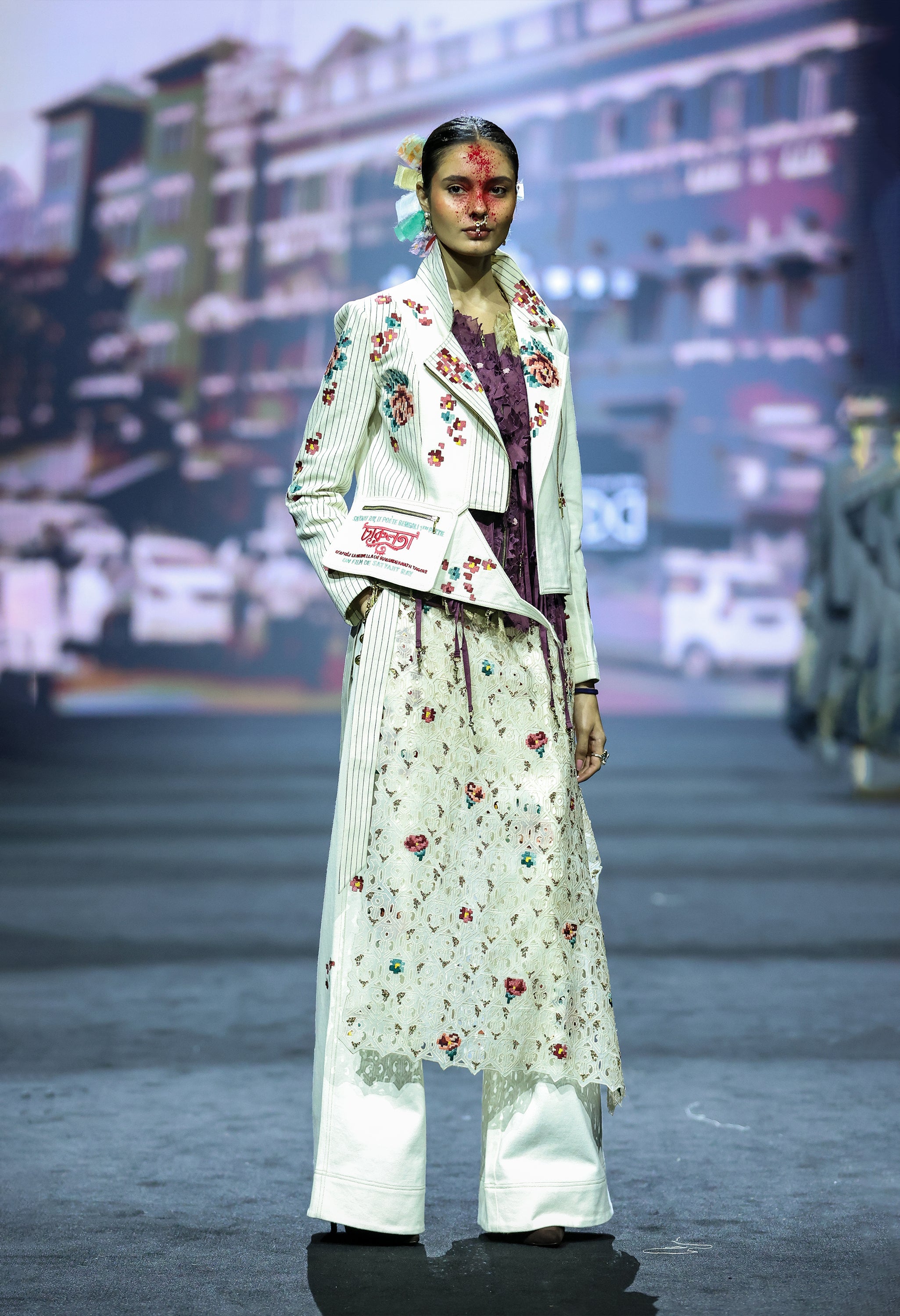 STRIPED DENIM EMB BIKER JACKET + 3D FLOWER RACER BACK JACKET AND EMB DENIM PANTS WITH AN EMB WRAP