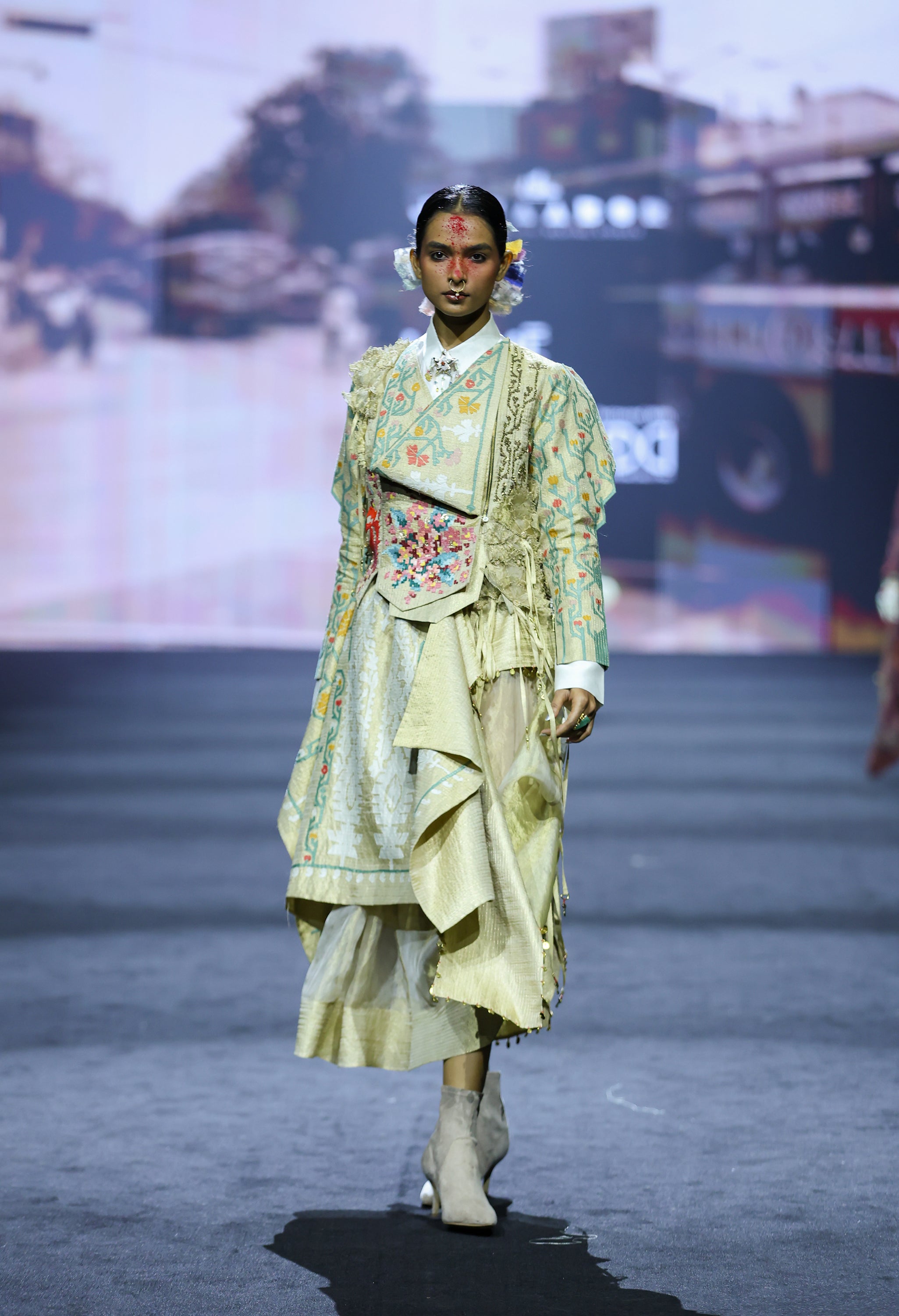 EMB ENGINEERED DRAPED JACKET WITH 3D SLEEVES + LAYERED SKIRT + SHIRT
