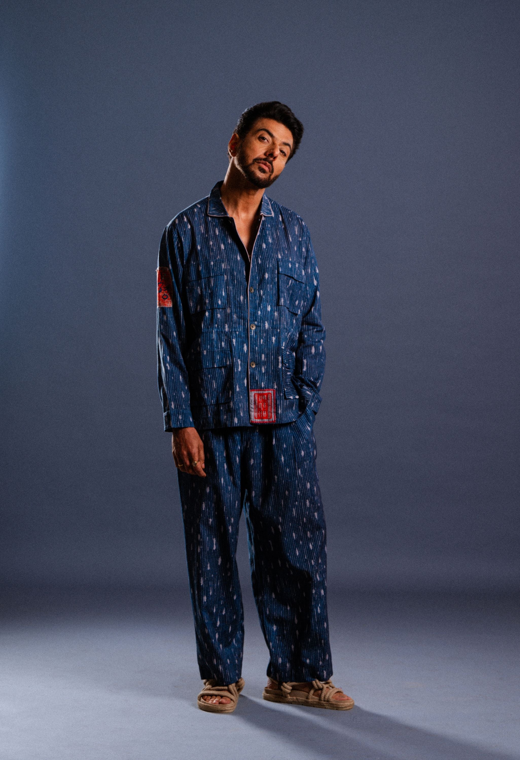 BLUE LINEN PRINTED STRIPE BUTTON DOWN SHIRT AND PANT SET