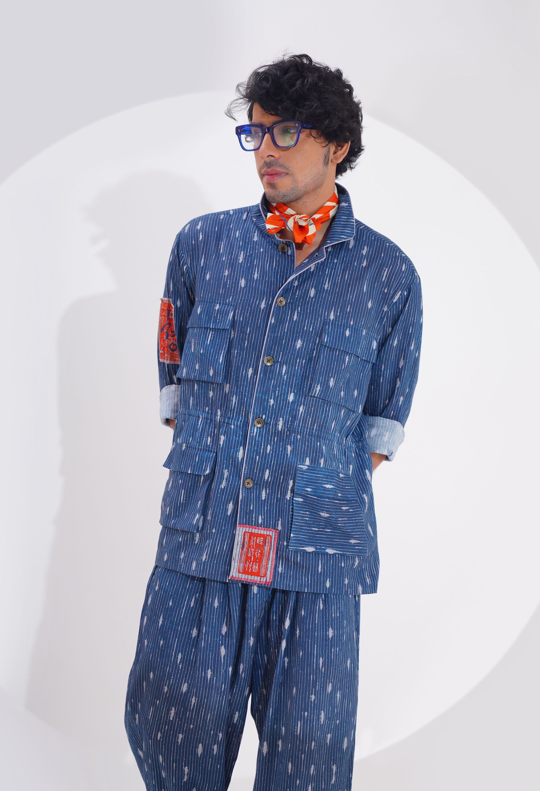 BLUE LINEN PRINTED STRIPE BUTTON DOWN SHIRT AND PANT SET