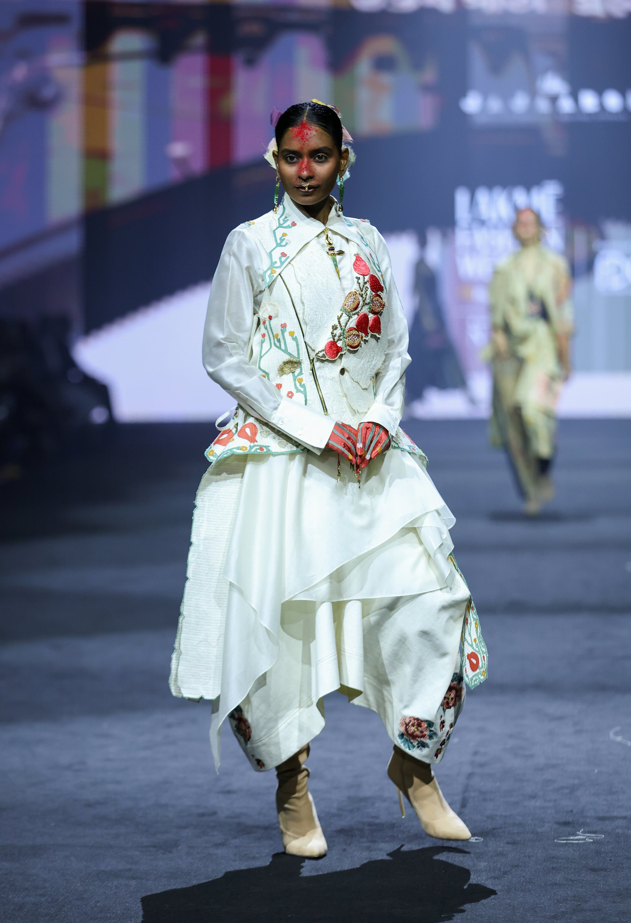 POMOGRANATE EMB DOUBLE LAPEL JACKET LONG DRAPED SHIRT WITH COLLAR + DENIM BARREL SKIRT