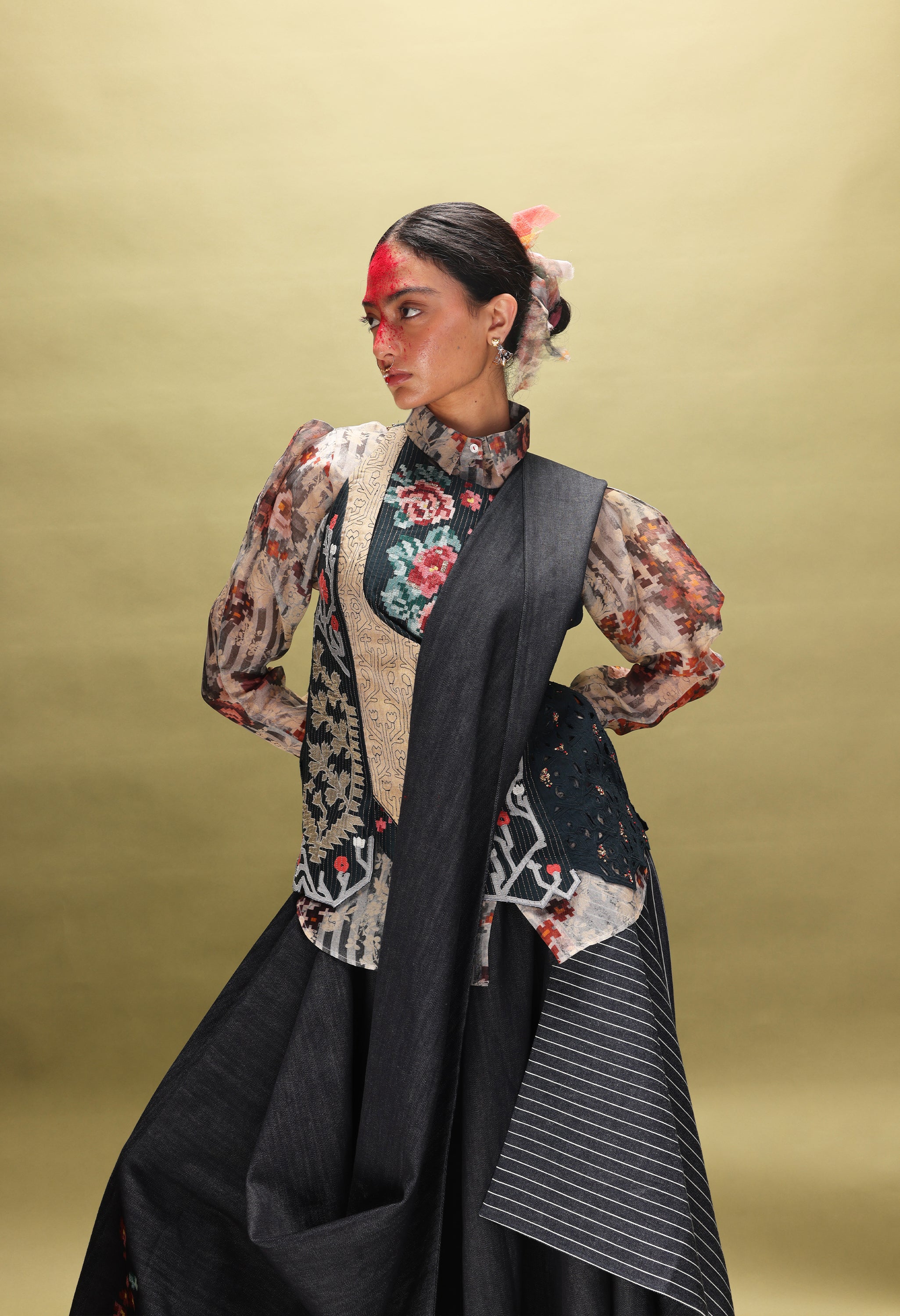 PRINTED ORGANZA SHIRT WITH EMB ANGRAKHA STYLE JACKET  AND DRAPED DENIM SKIRT