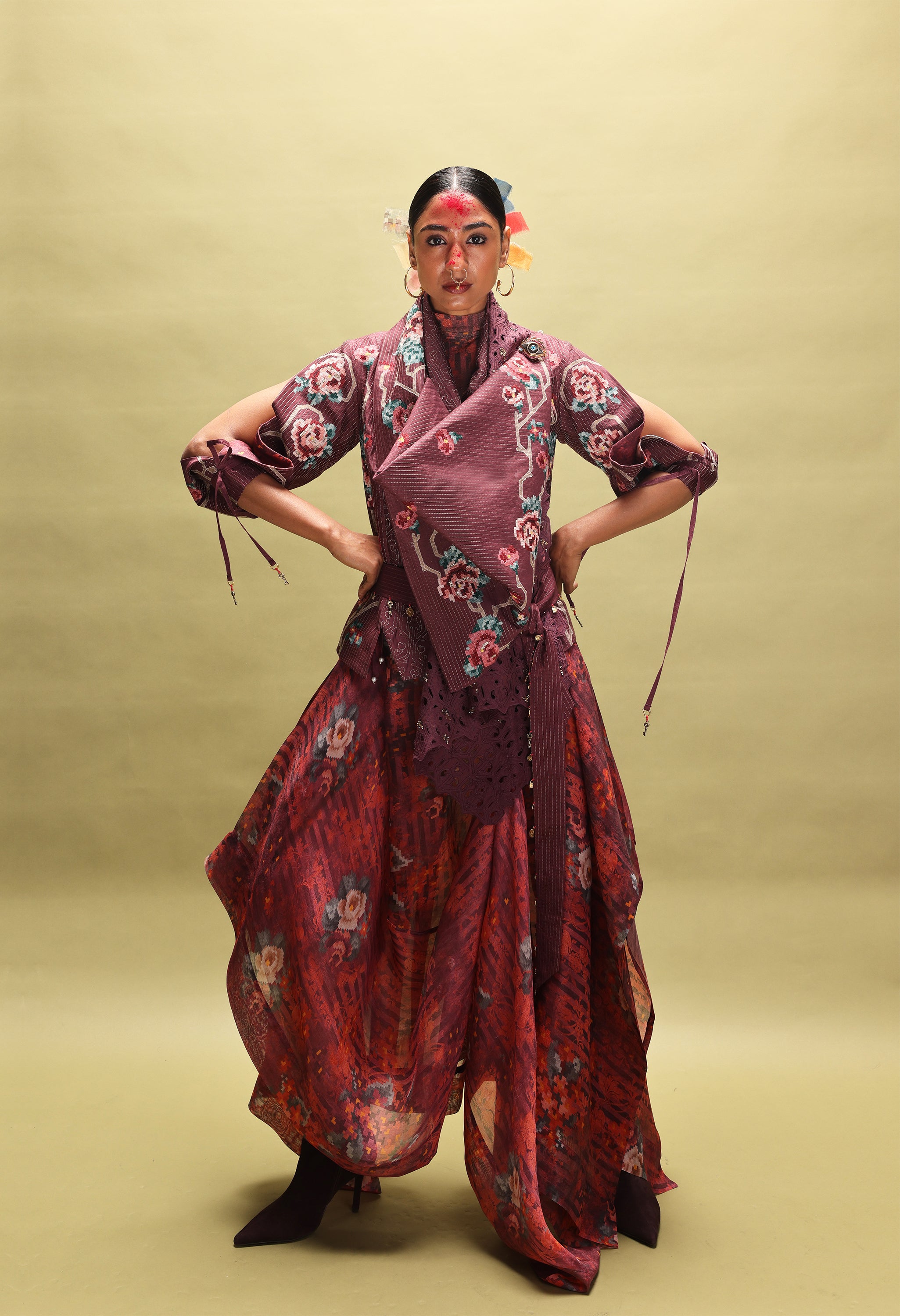 ENGINEERED DRAPED JACKET WITH PRINTED ORGANZA SKIRT