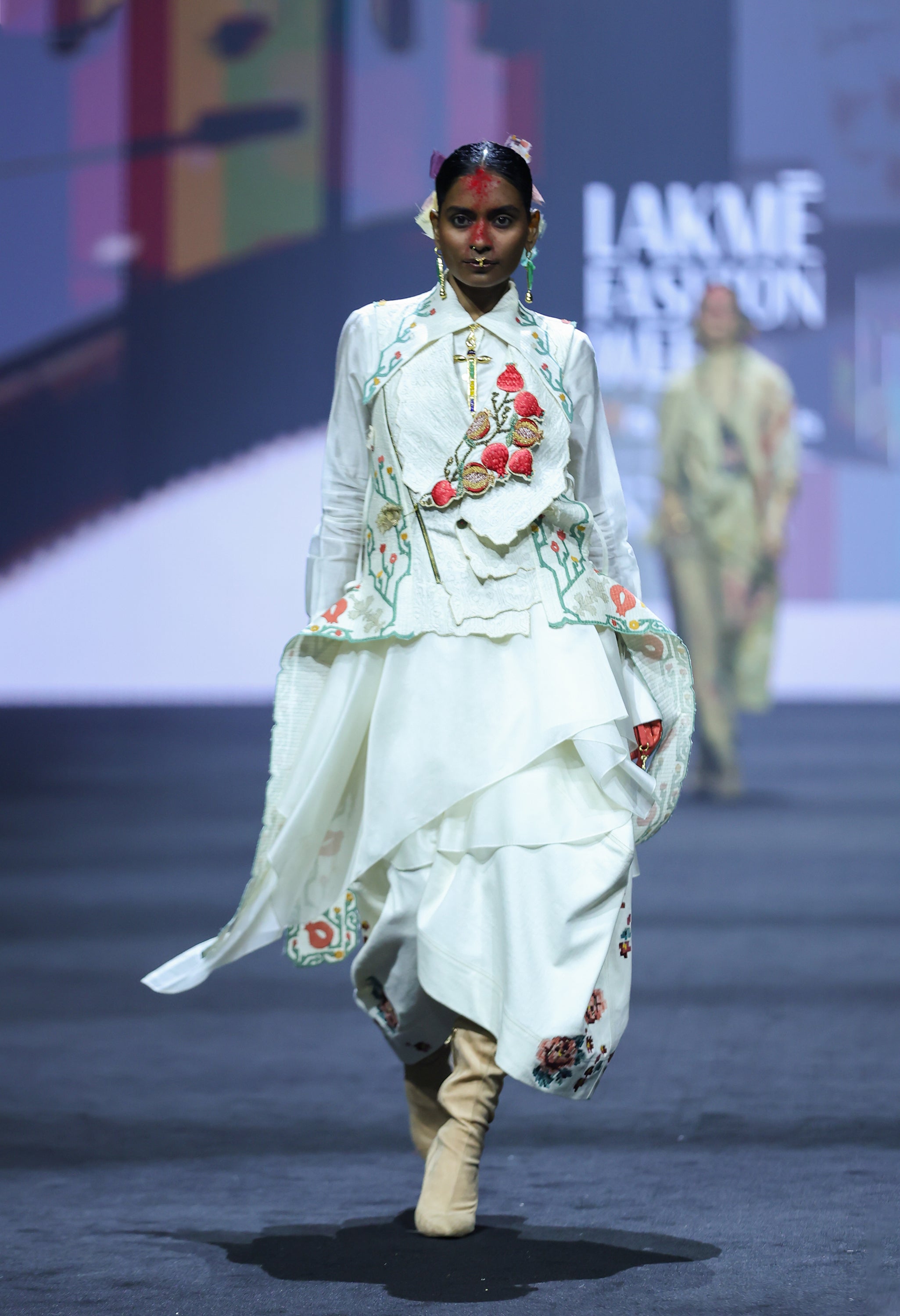 POMOGRANATE EMB DOUBLE LAPEL JACKET LONG DRAPED SHIRT WITH COLLAR + DENIM BARREL SKIRT