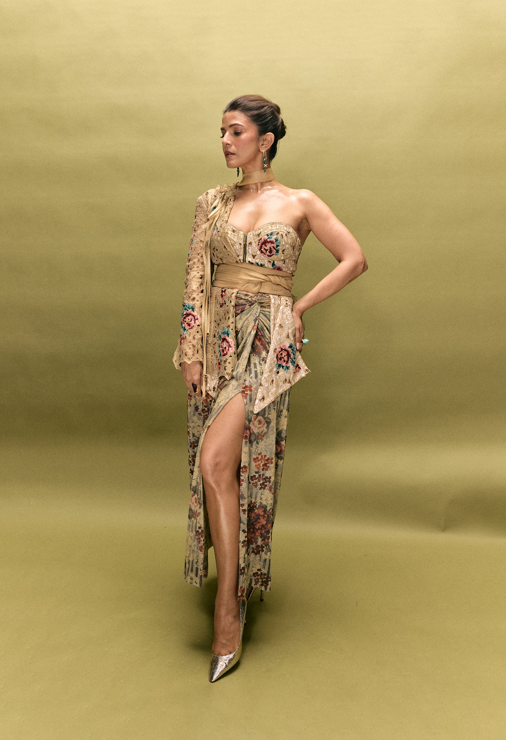 ONE SHOULER EMBROIDERED JACKET WITH CORSET JACKET PAIRED WITH DRAPED SKIRT AND A OB BELT
