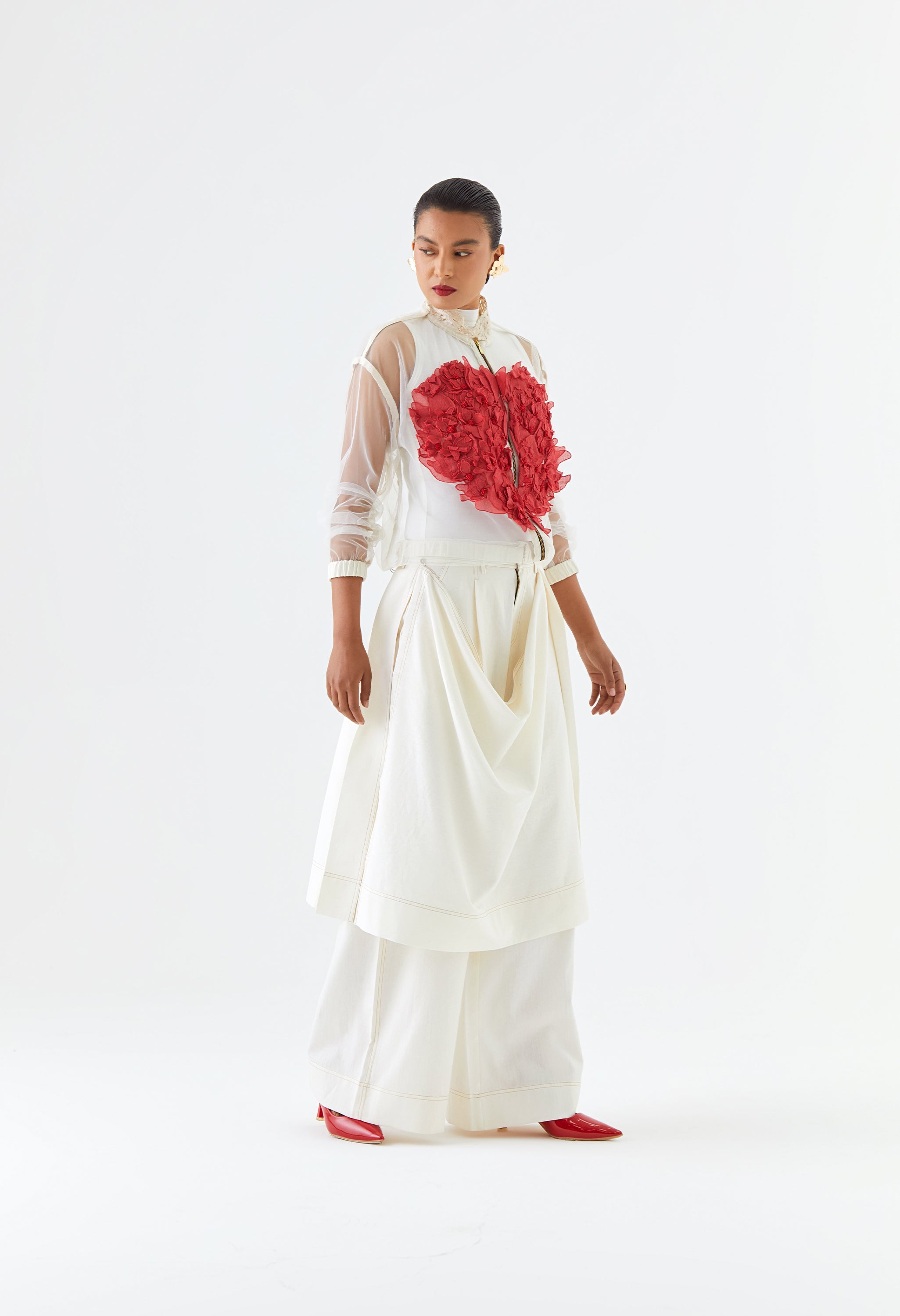 NET BOMBER JACKET + PLEATED SKIRT ATTACHED WITH PANTS