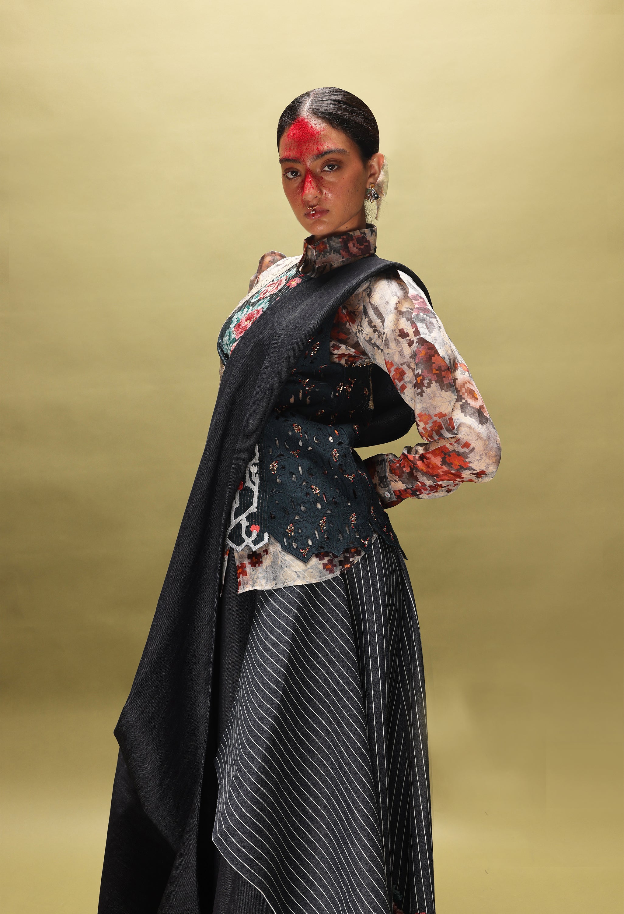 PRINTED ORGANZA SHIRT WITH EMB ANGRAKHA STYLE JACKET  AND DRAPED DENIM SKIRT