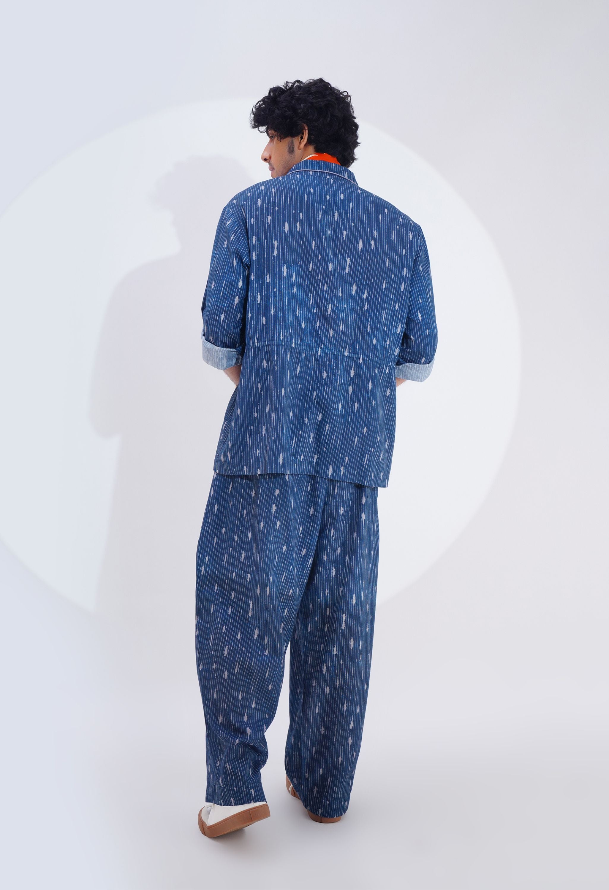 BLUE LINEN PRINTED STRIPE BUTTON DOWN SHIRT AND PANT SET