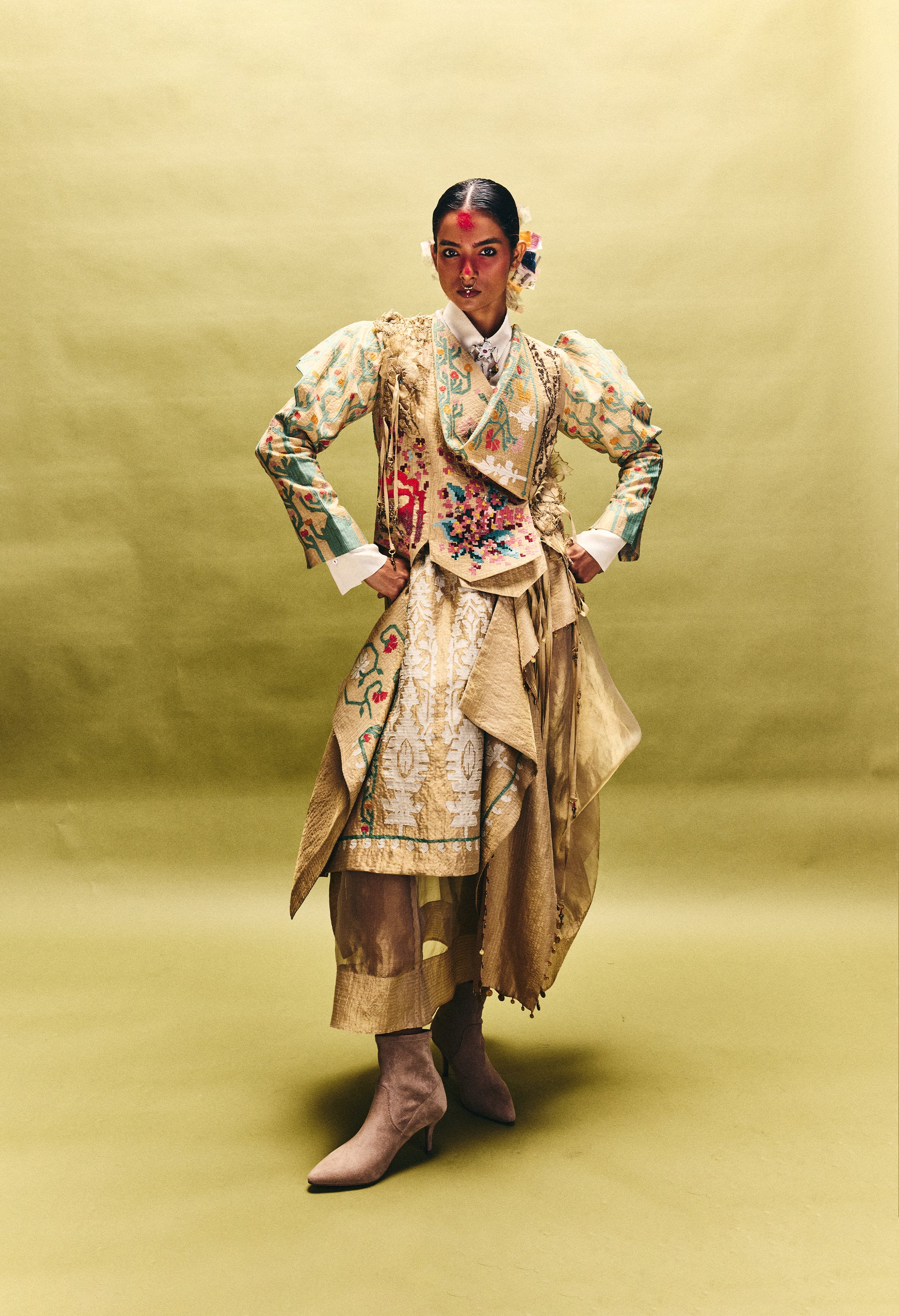 EMB ENGINEERED DRAPED JACKET WITH 3D SLEEVES + LAYERED SKIRT + SHIRT