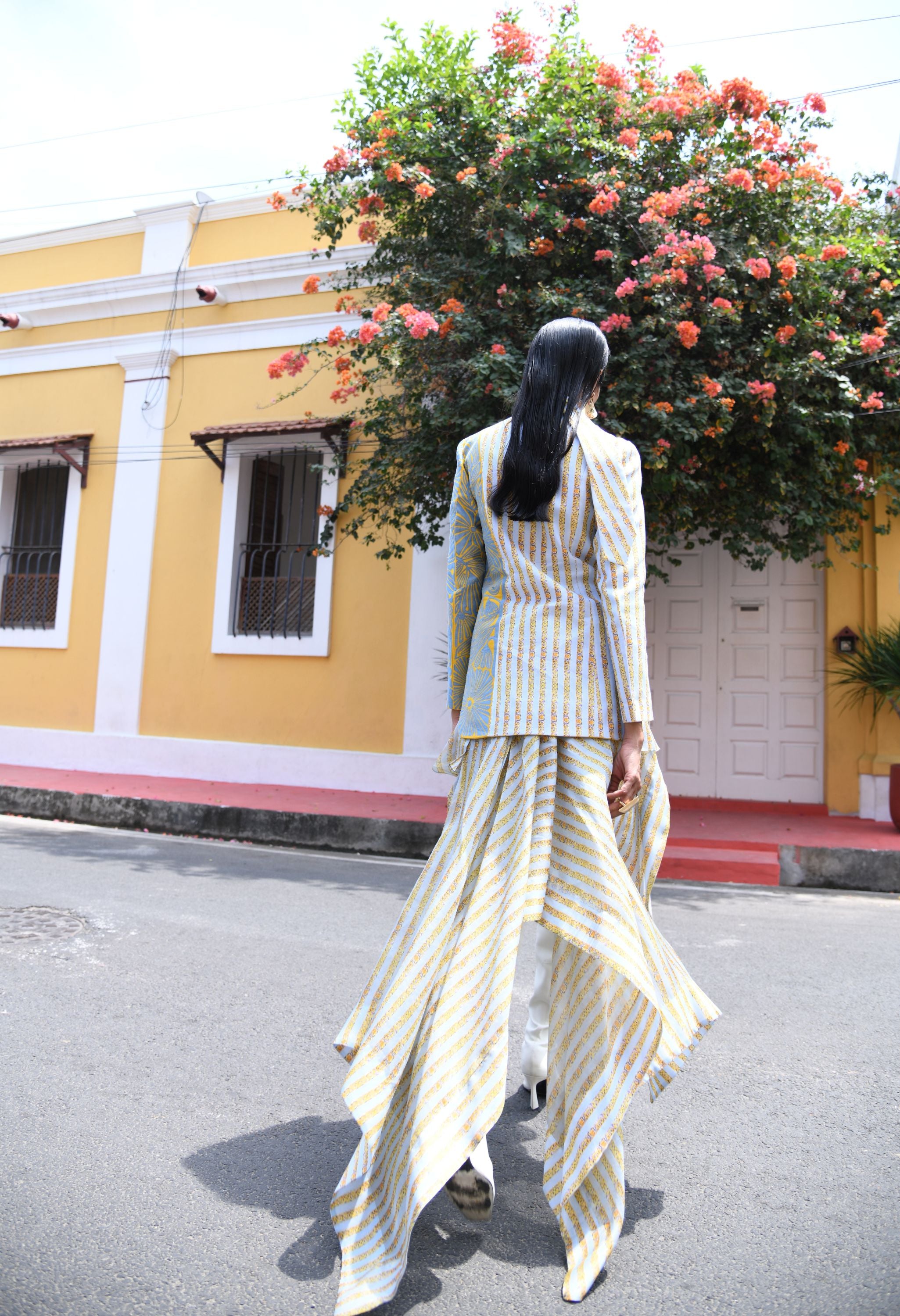 STRIPED LINEN CUTWORK EMB JACKET WITH ORGANZA SKIRT