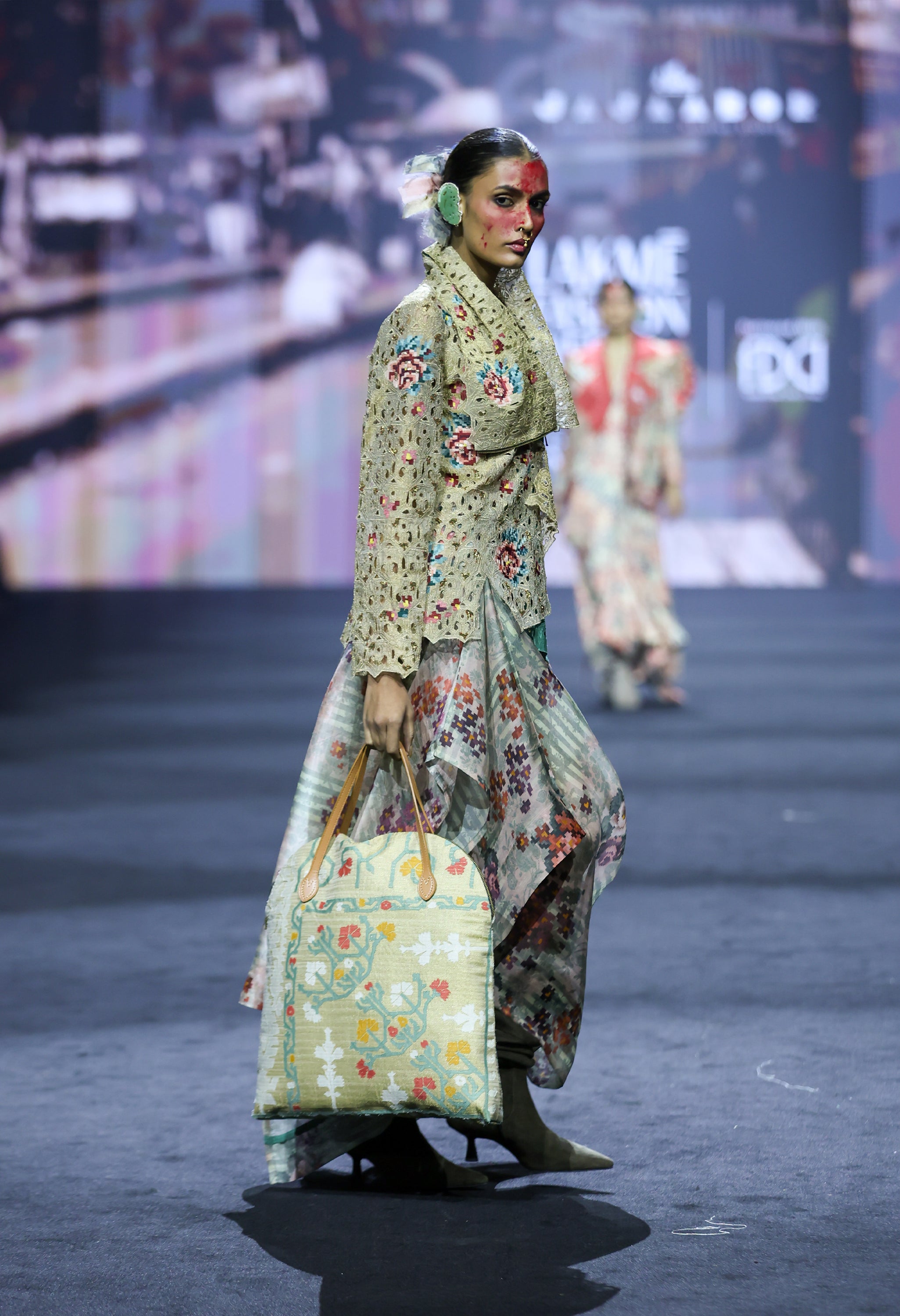 EMB DUAL COLORED DRAPED COLLAR JACKET WITH PRINTED DRAPED ORGANZA SKIRT