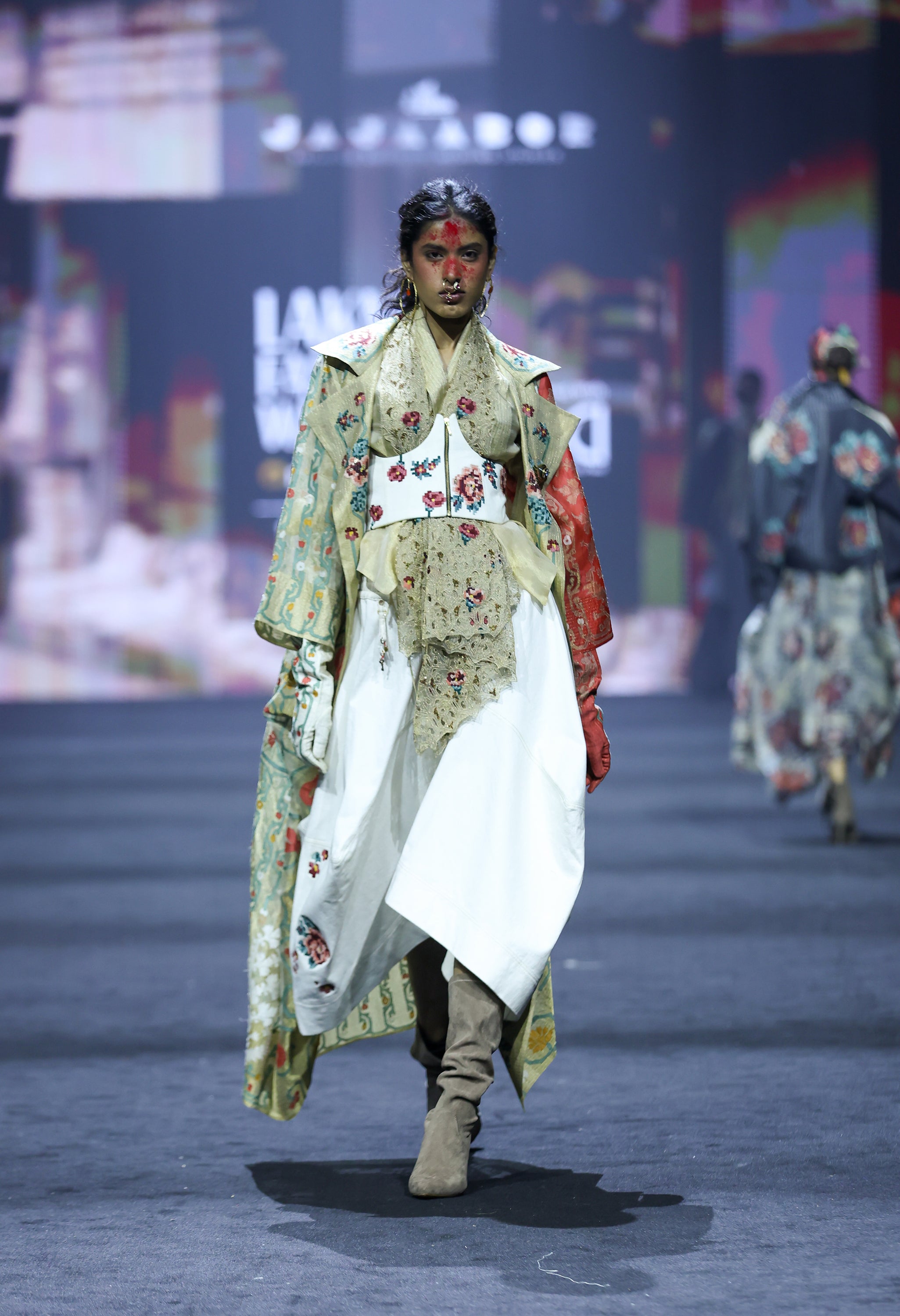 EMB LONG GOLD JACKET WITH DRAPED GOLD TOP + EMB CORSET BELT AND DENIM BARREL SKIRT