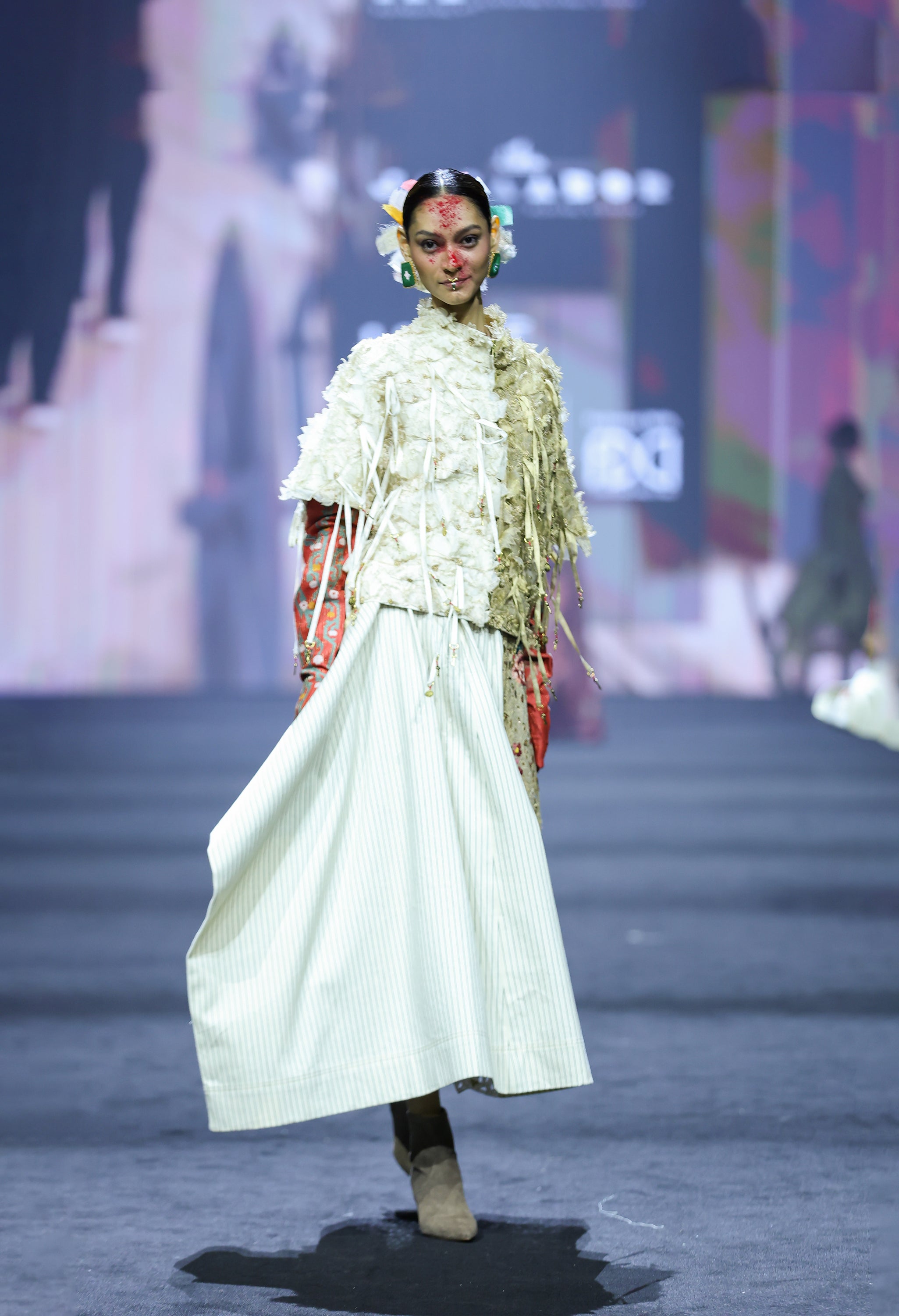 3D FLORAL DUAL COLOR JACKET WITH STRIPED DENIM AND EMB GOLD PANELLED SKIRT