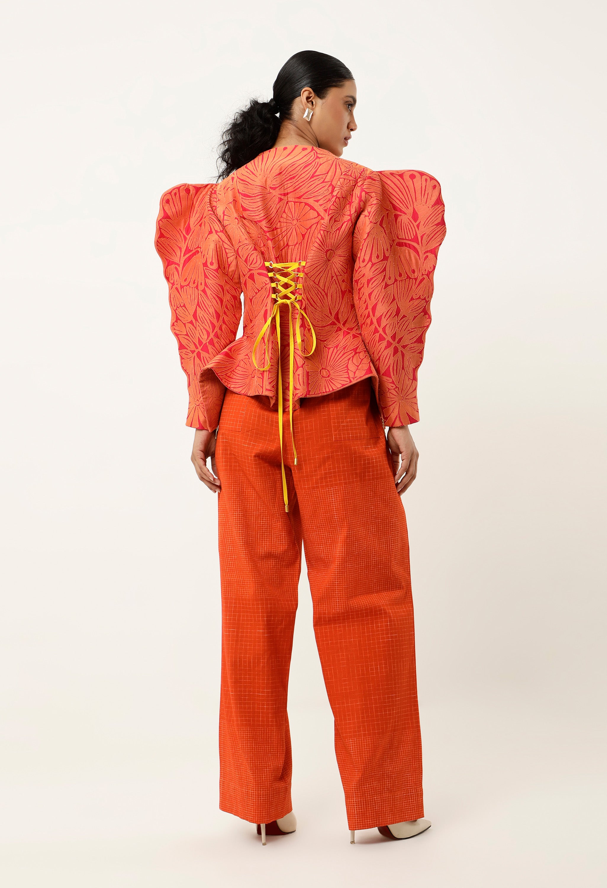 3D SLEEVED FLORAL CUTWORK JACKET WITH PRINTED PARALLEL PANTS