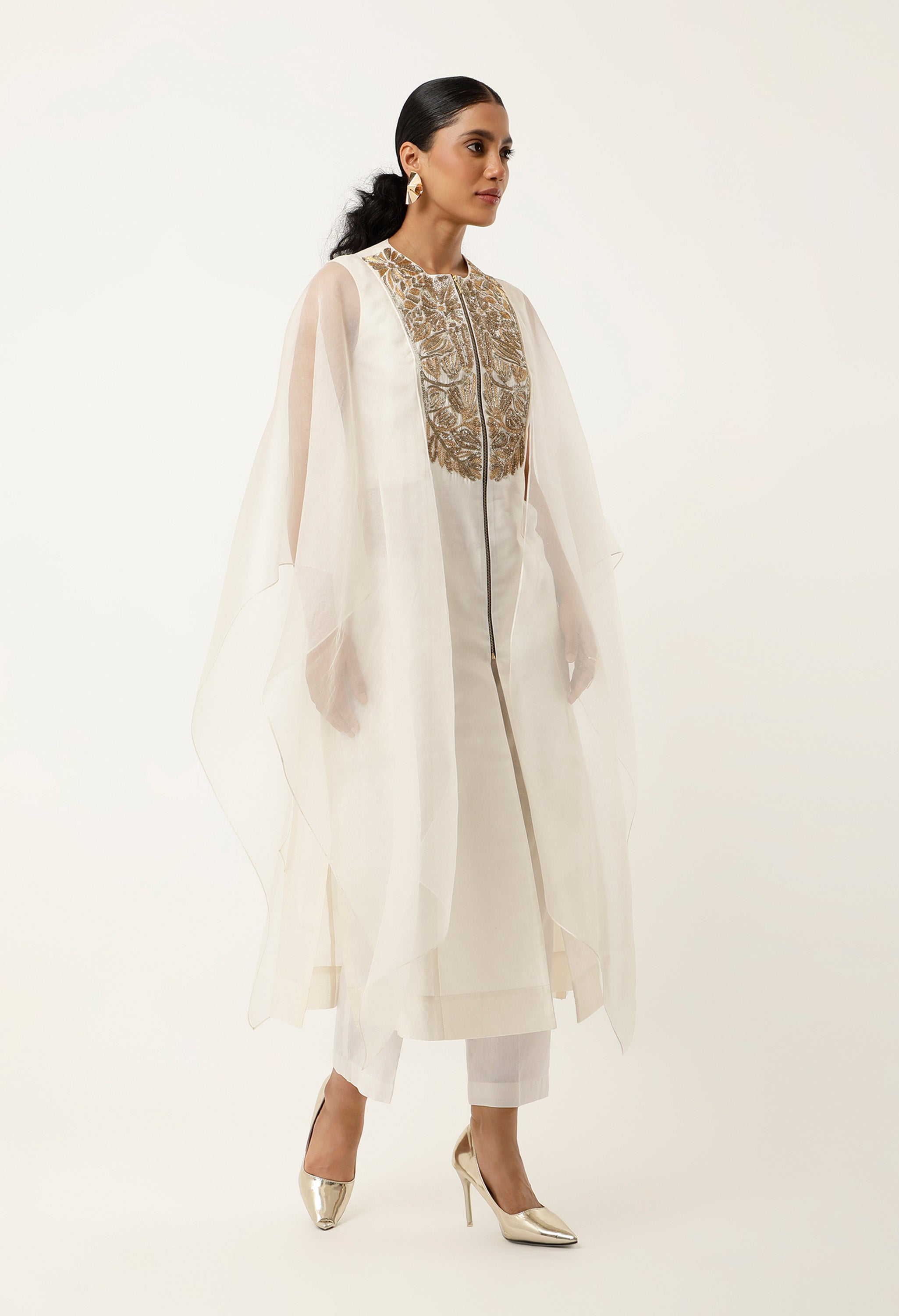 GOLD EMB YOKE CAPE KURTA WITH PANTS