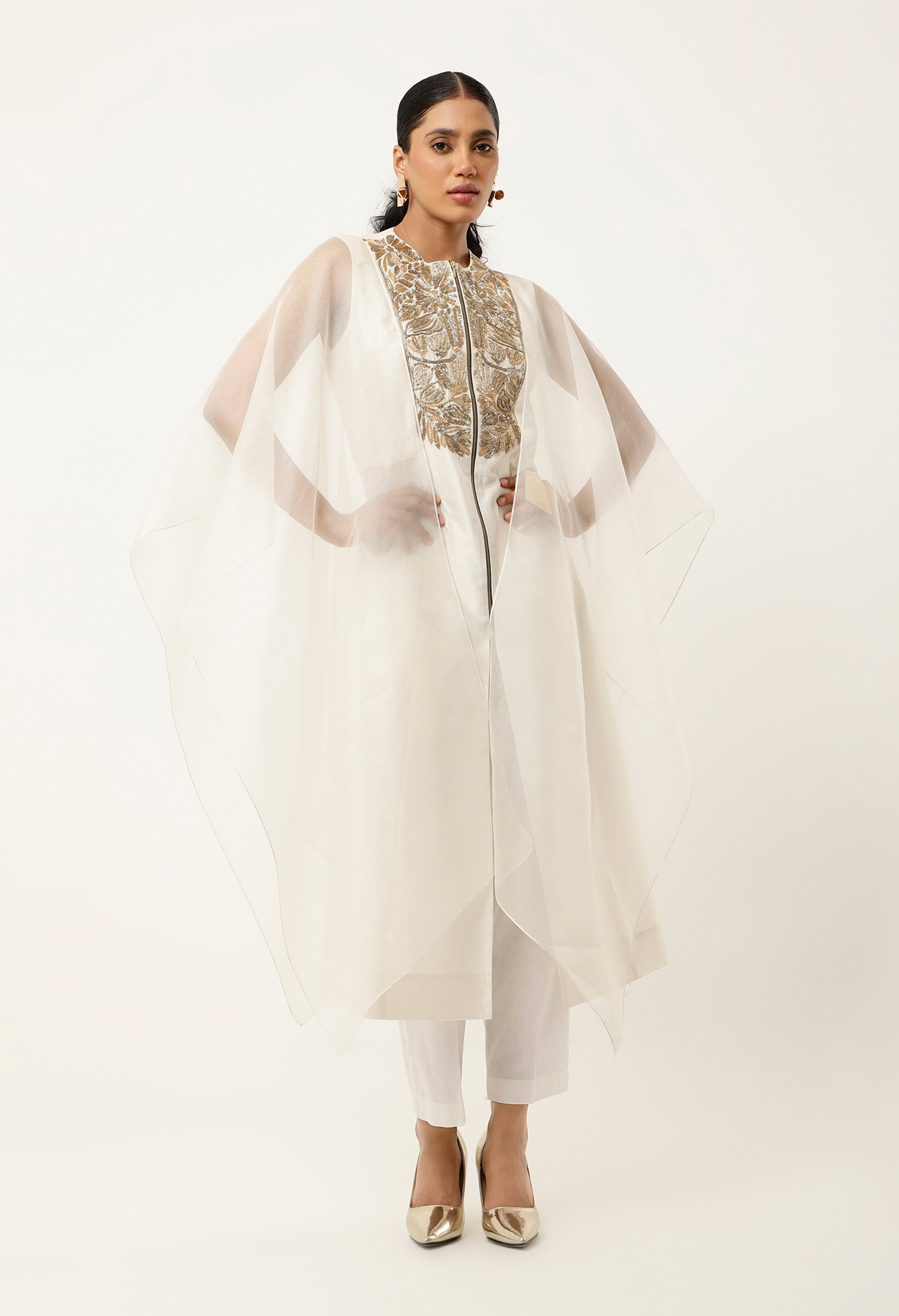 GOLD EMB YOKE CAPE KURTA WITH PANTS