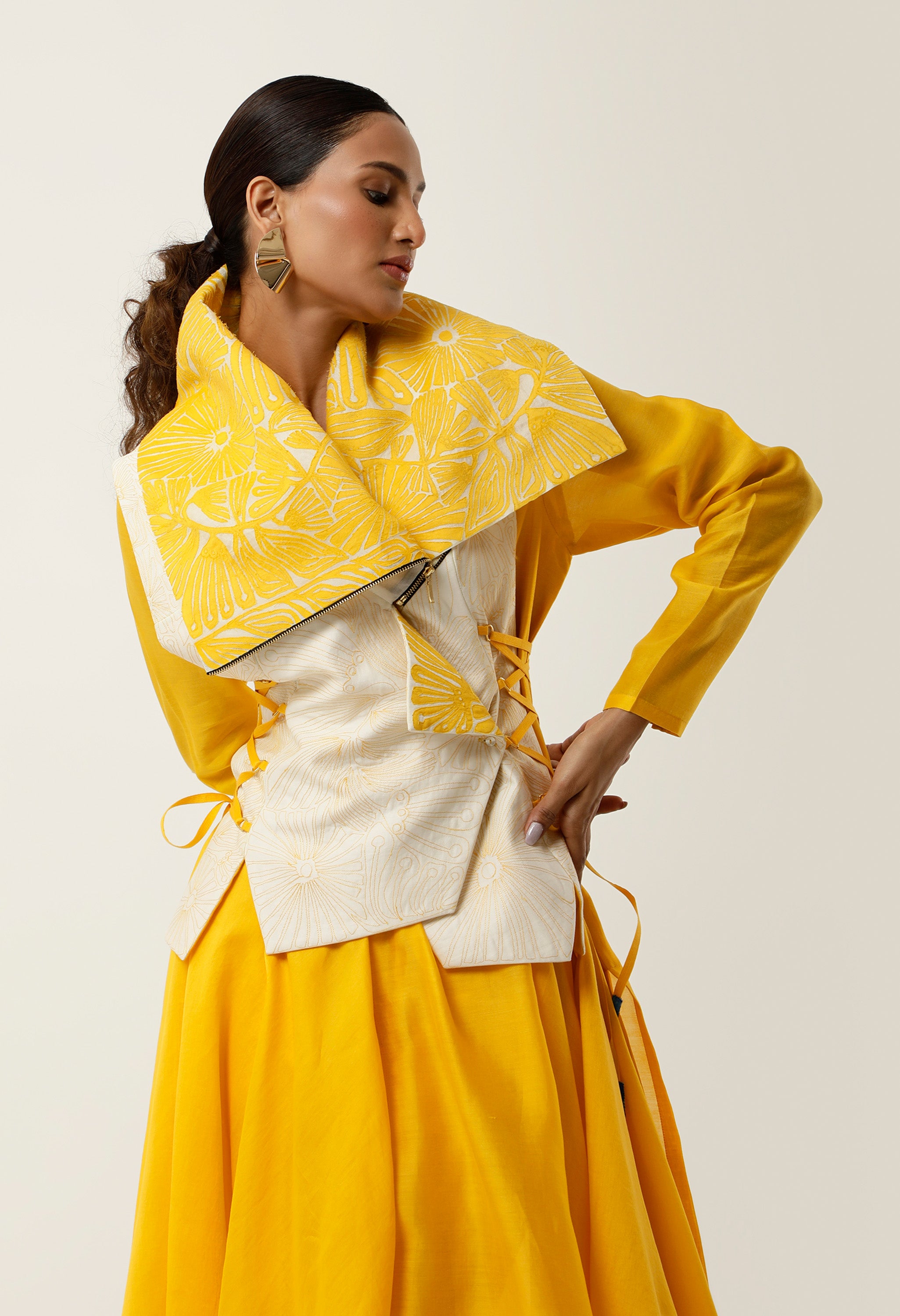 DRAPED COLLAR TIE UP JACKET WITH ASSYMTRICAL CHANDERI INNER AND PANTS