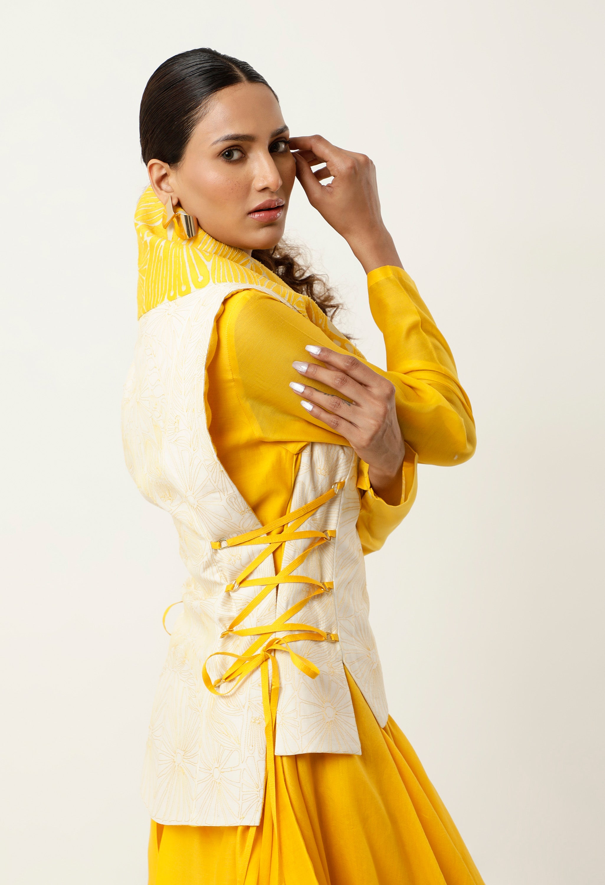 DRAPED COLLAR TIE UP JACKET WITH ASSYMTRICAL CHANDERI INNER AND PANTS