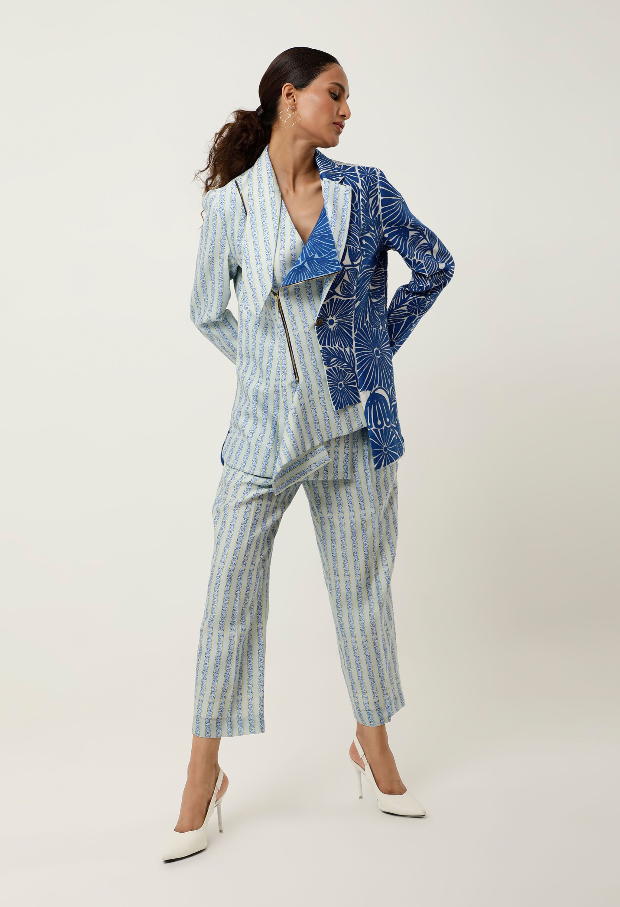 STRIPED PRINTED/EMB CHANDERI JACKET WITH PANTS