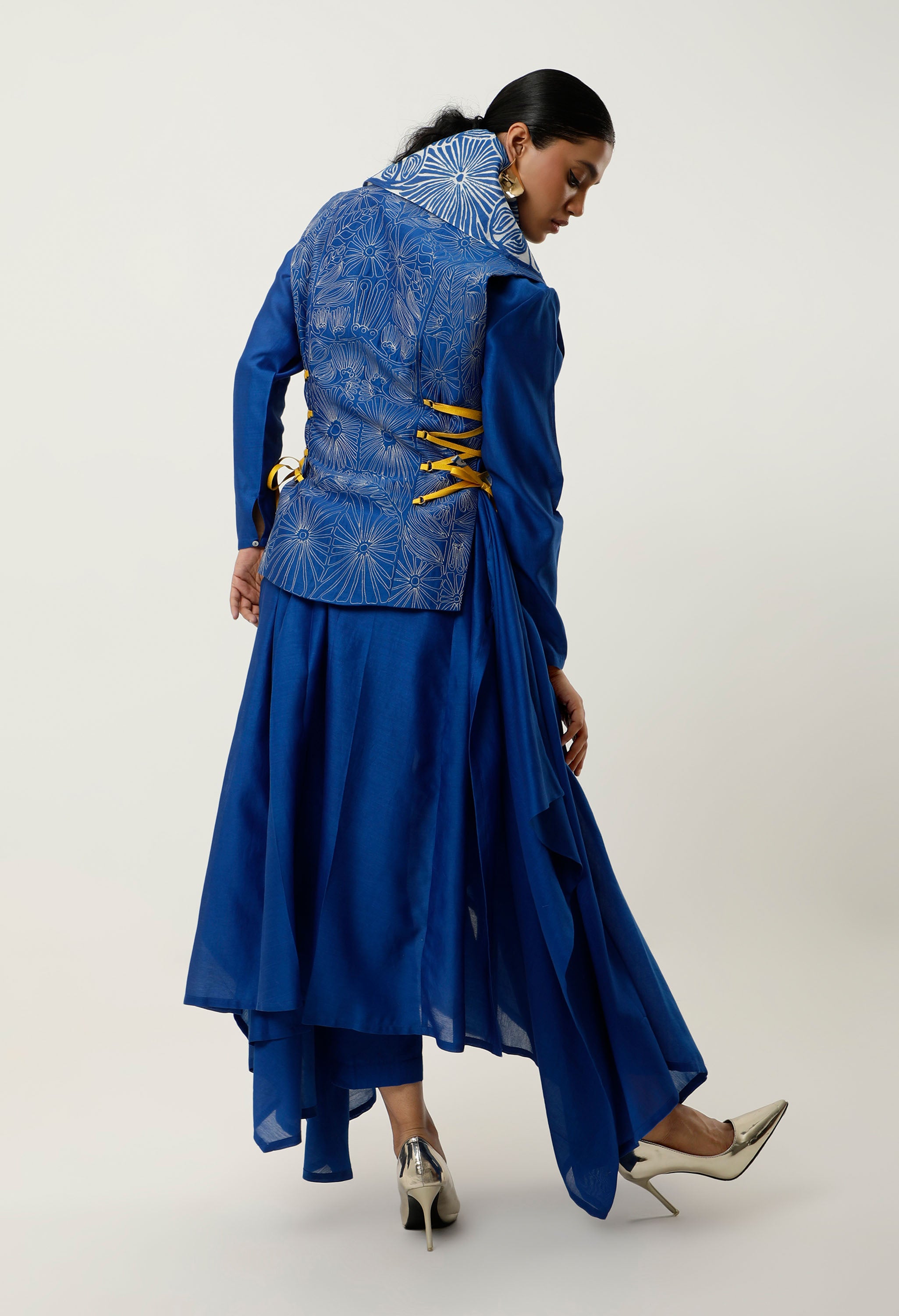 DRAPED COLLAR TIE UP JACKET WITH ASSYMTRICAL CHANDERI INNER AND PANTS