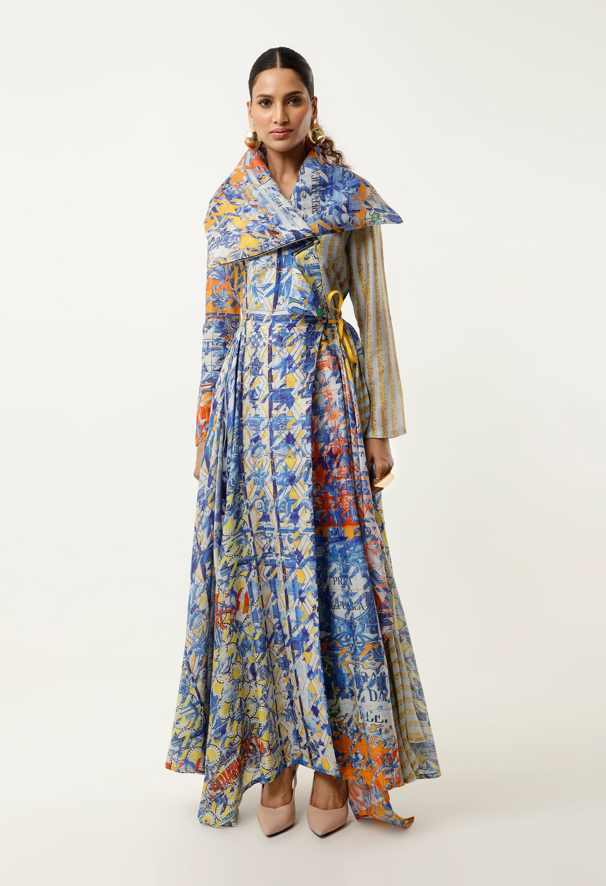 PRINTED DRAPED COLLAR ANGRAKHA WITH PRINTED PANTS