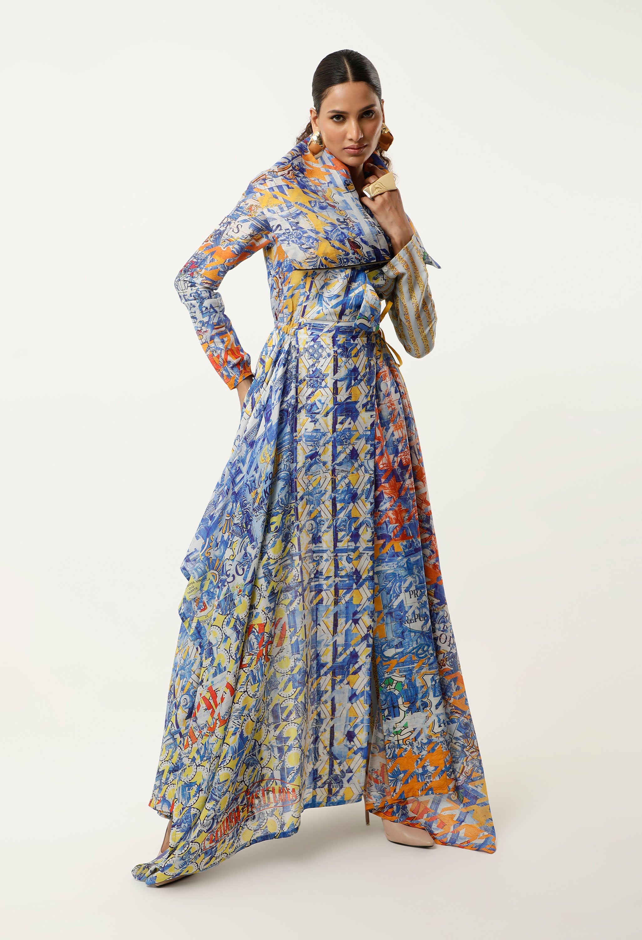 PRINTED DRAPED COLLAR ANGRAKHA WITH PRINTED PANTS