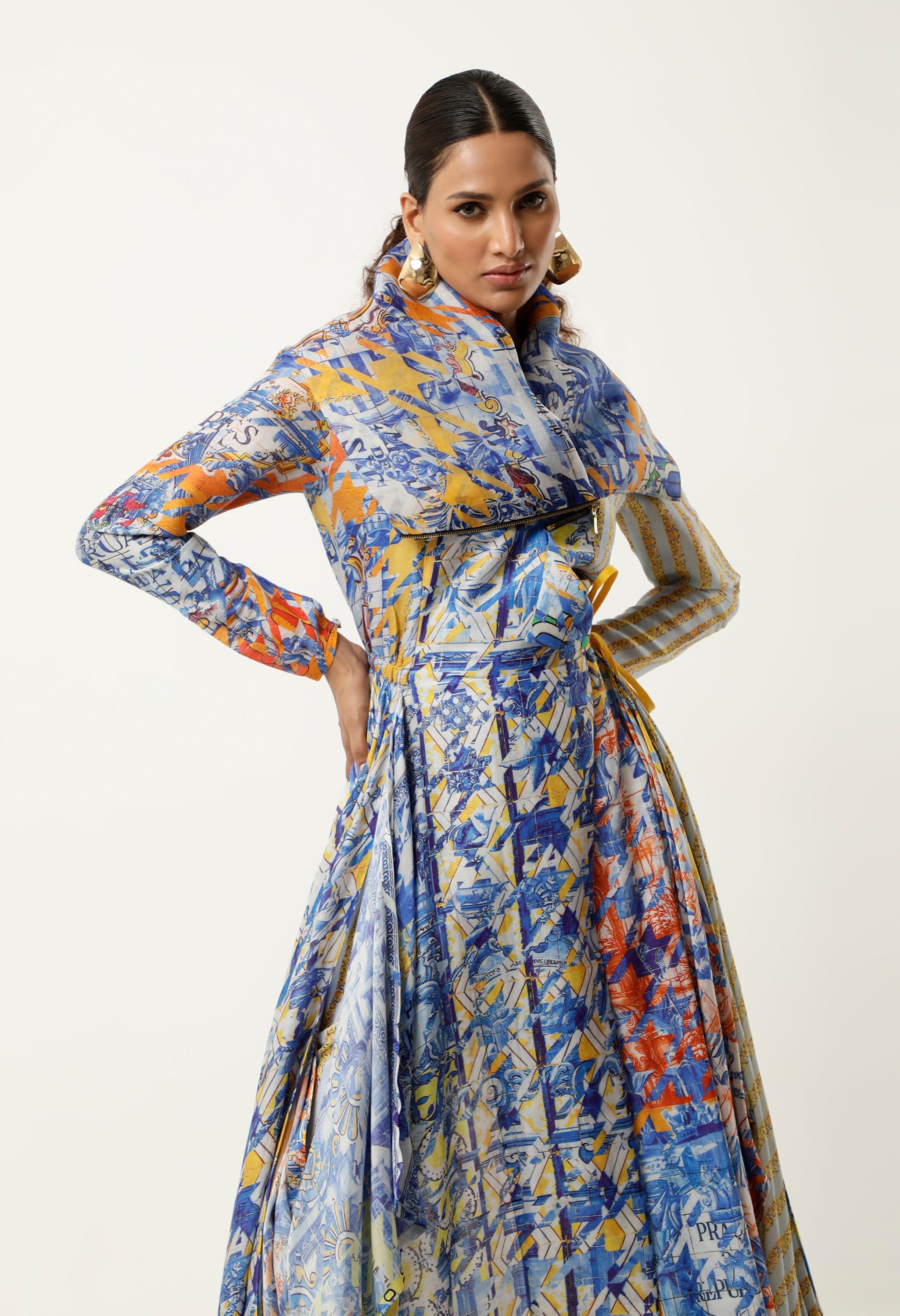 PRINTED DRAPED COLLAR ANGRAKHA WITH PRINTED PANTS