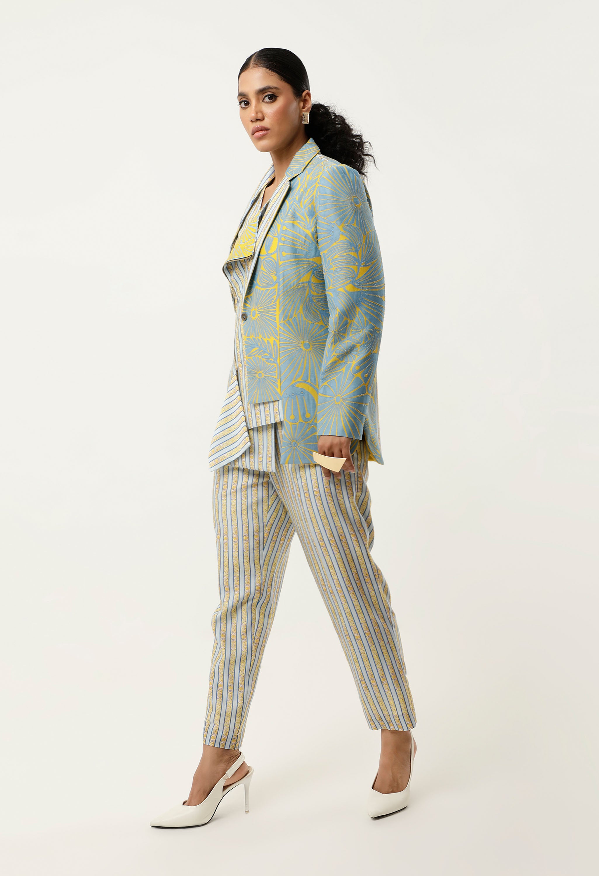 STRIPED PRINTED/EMB CHANDERI JACKET WITH PANTS