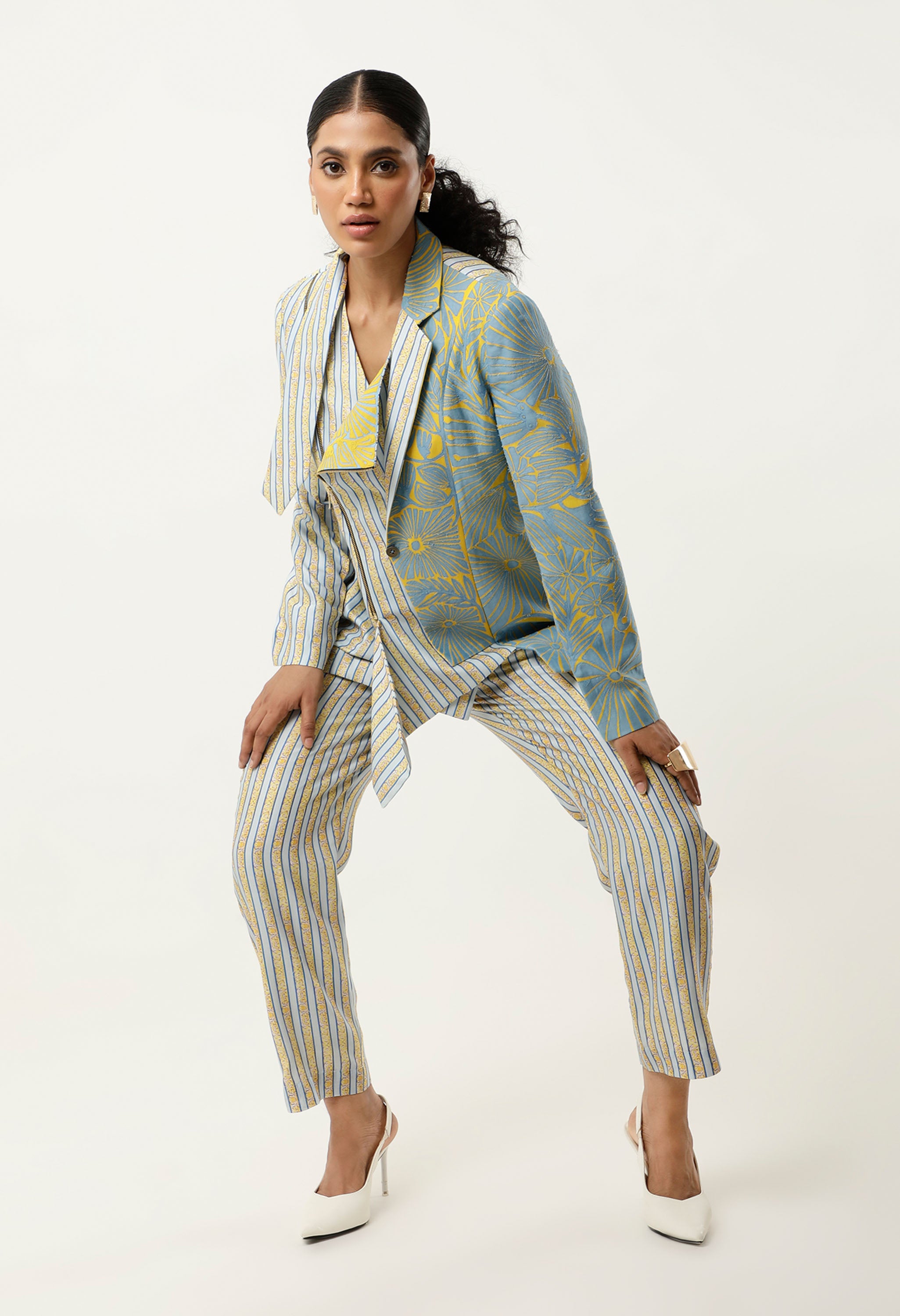 STRIPED PRINTED/EMB CHANDERI JACKET WITH PANTS