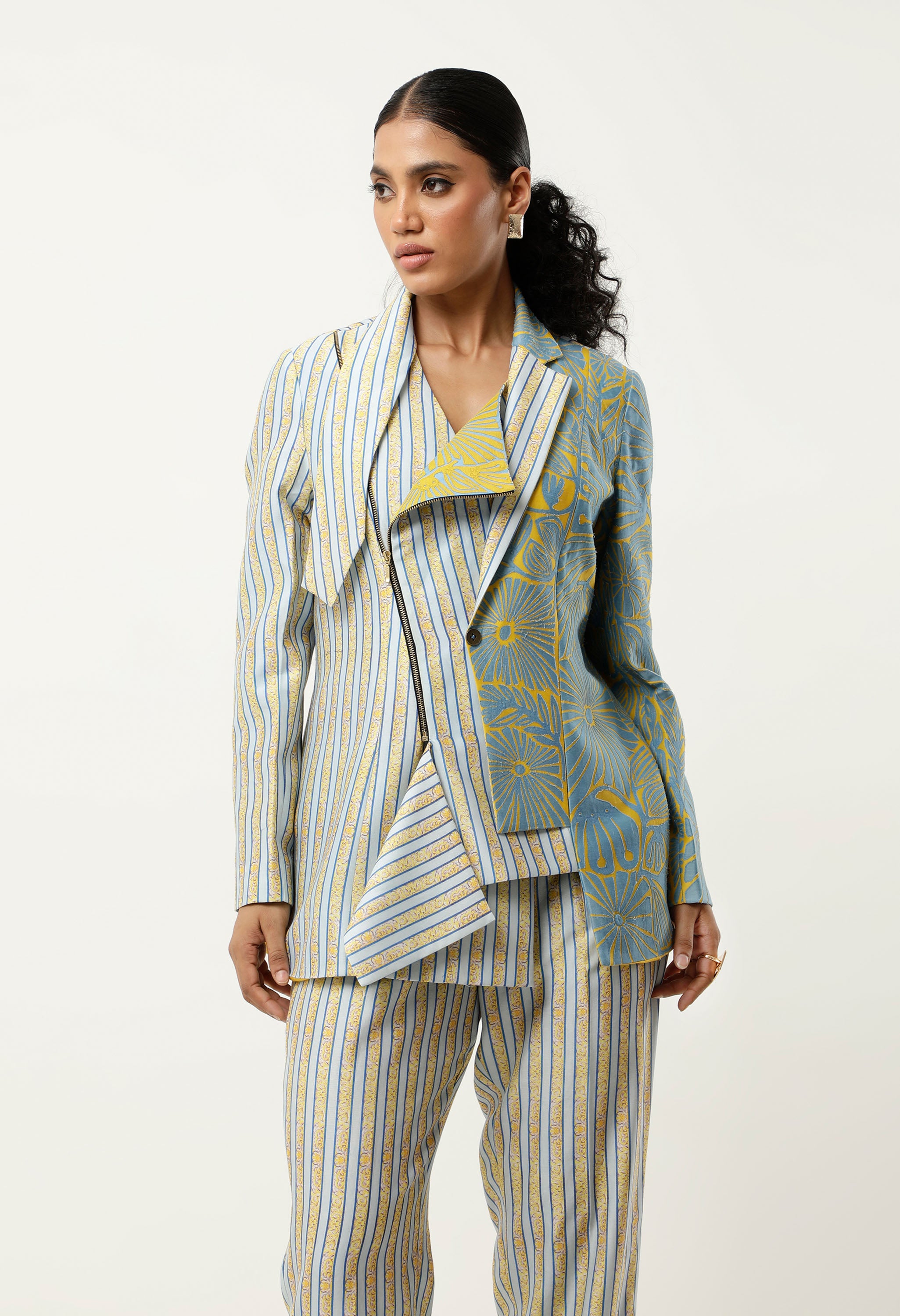 STRIPED PRINTED/EMB CHANDERI JACKET WITH PANTS